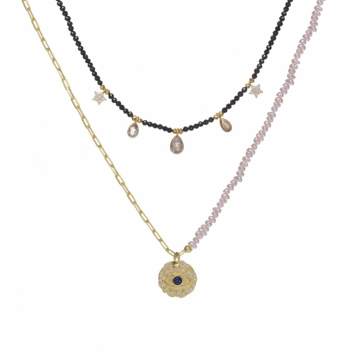 Collares dobles diseño de bolas perlas y medalla-LINEARGENT