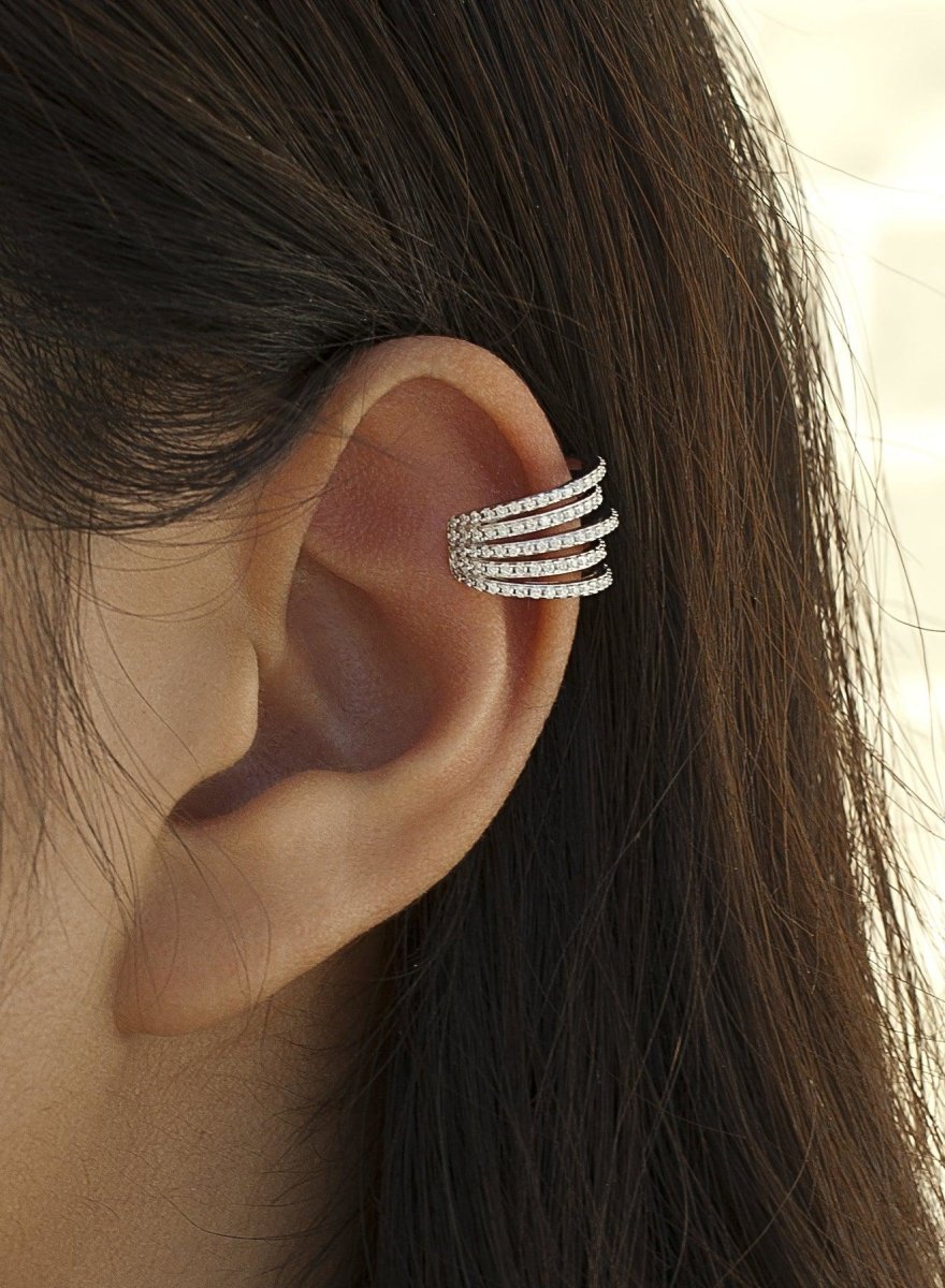 Ear cuff de plata diseño triple carril circonita-LINEARGENT