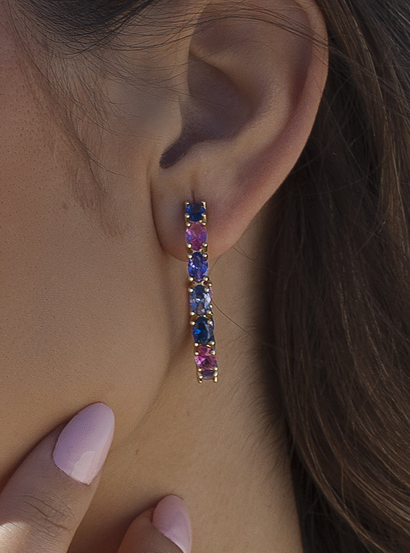 Pendientes aro con piedras de colores diseño ovalado-LINEARGENT