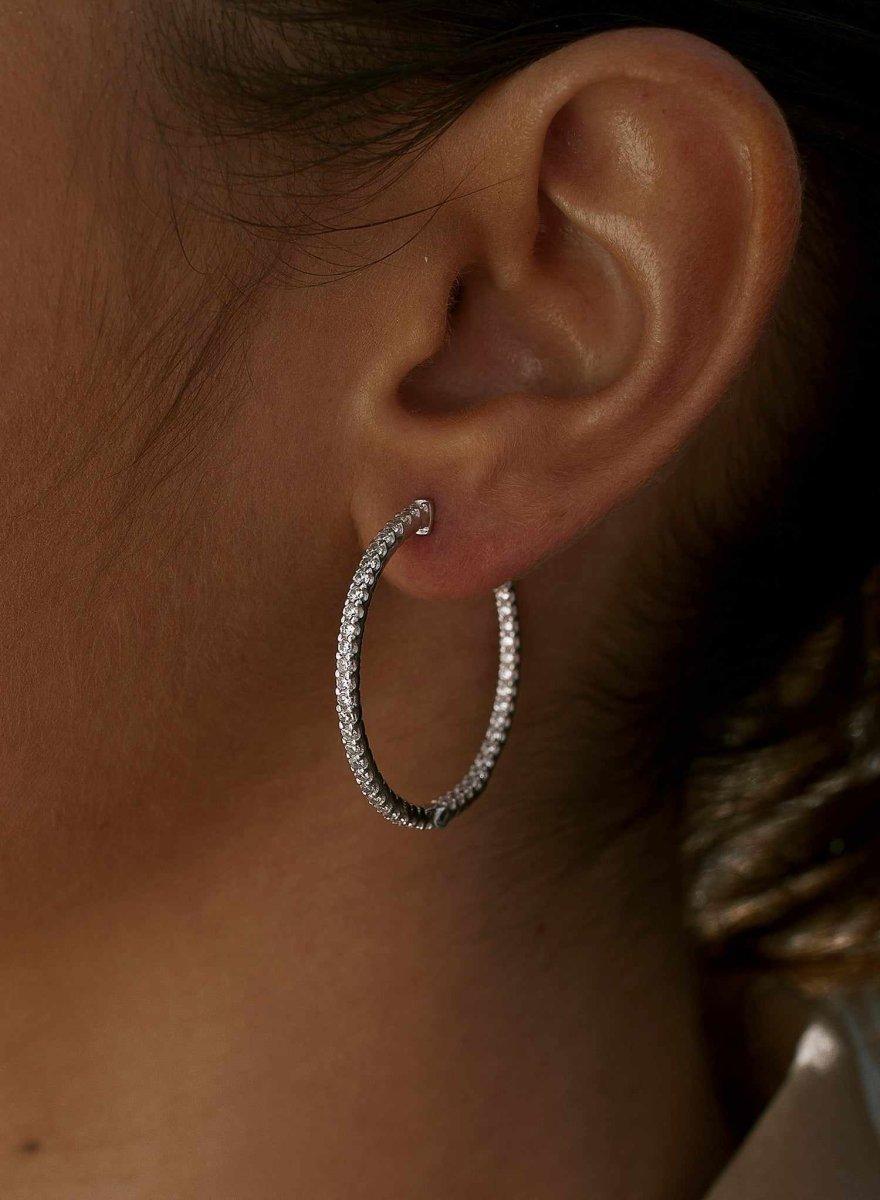 Pendientes aro de plata con circonitas interiores y exteriores tamaño mediano-LINEARGENT