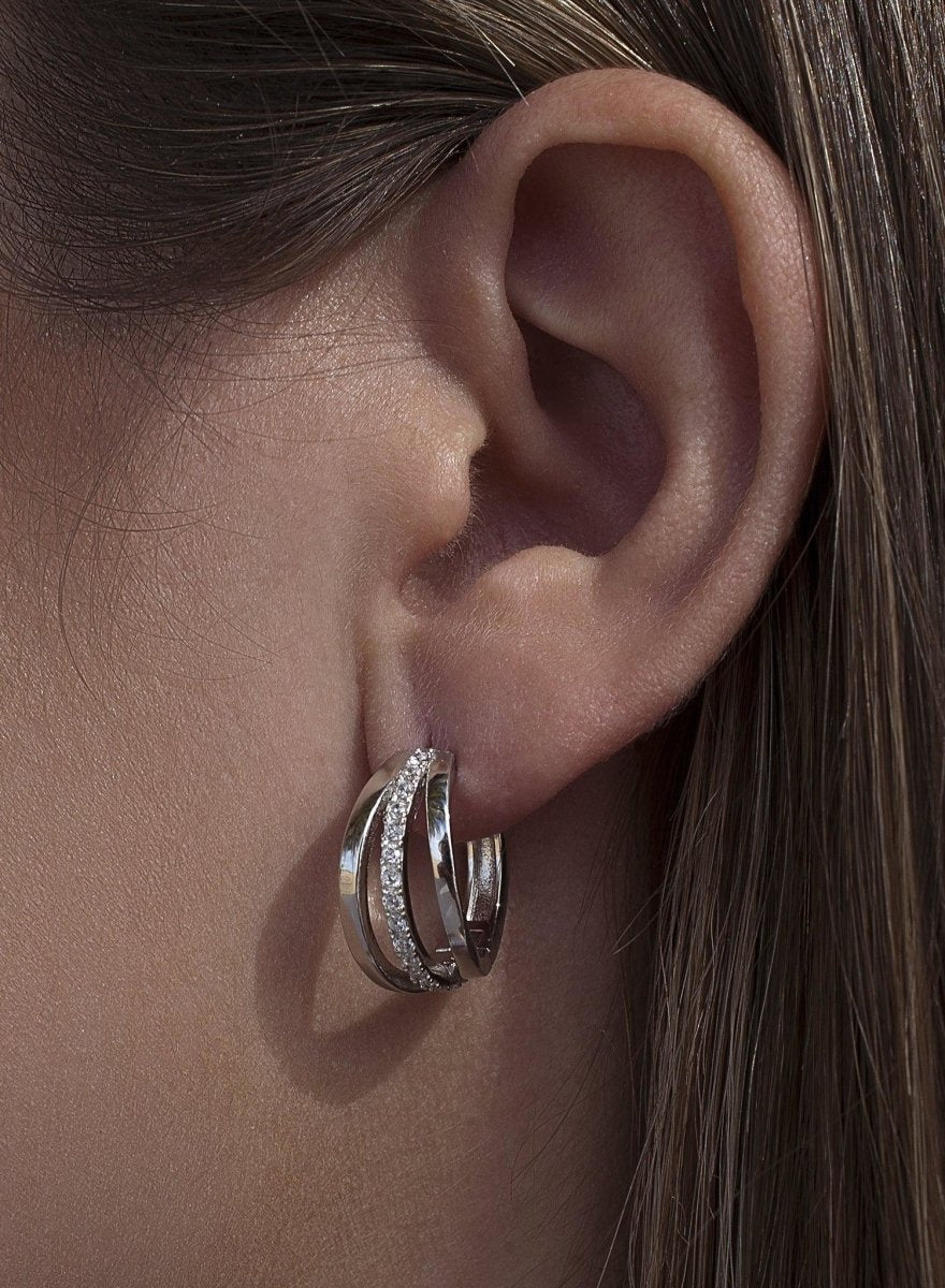 Pendientes aro de plata diseño triple con circonitas-LINEARGENT