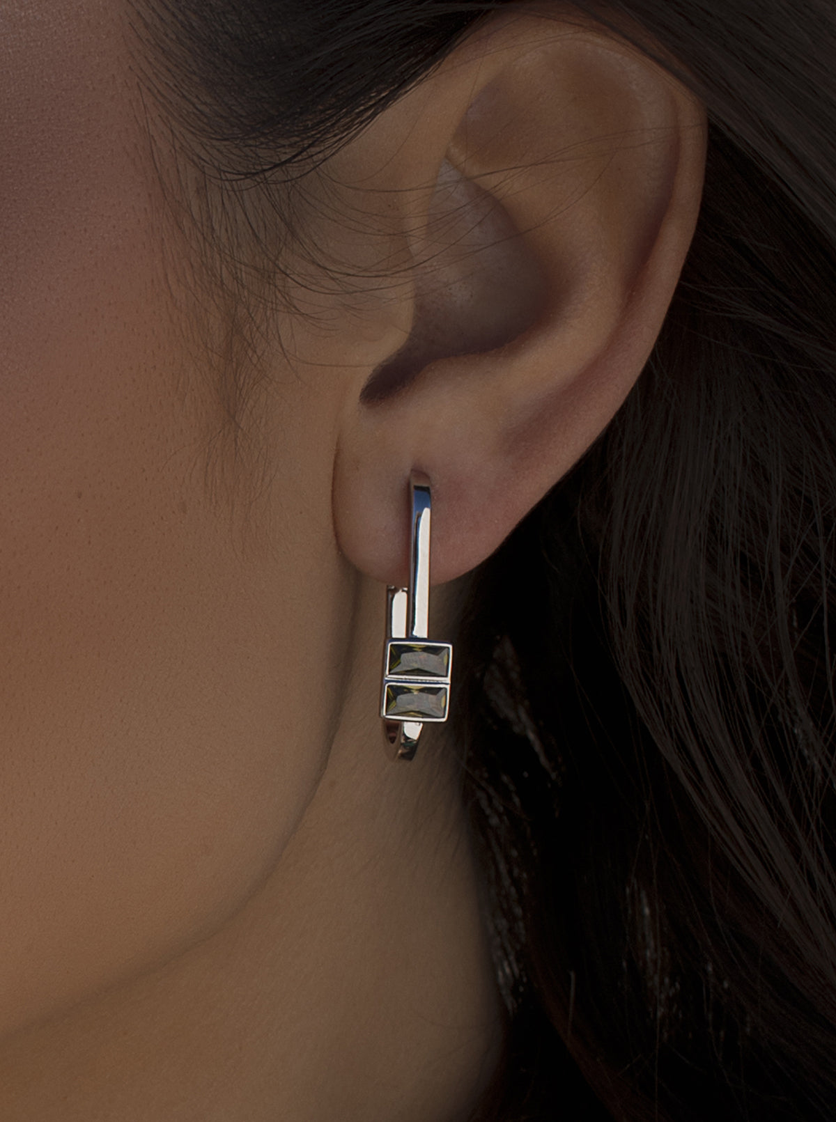 Pendientes aro diseño rectangular con gemas lavanda y oliva-LINEARGENT