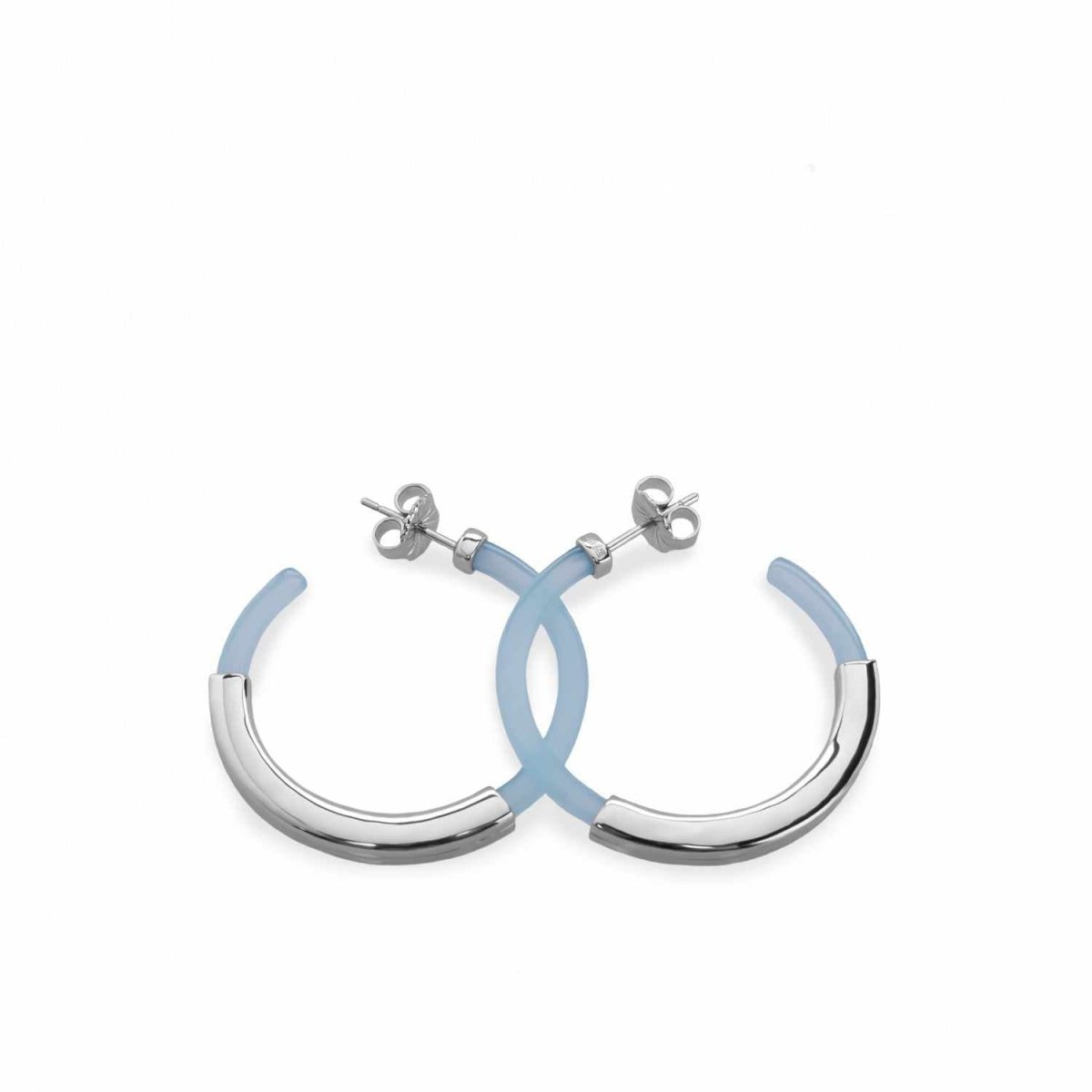 Pendientes aro diseño resina tono azul y banda de plata lisa central-LINEARGENT