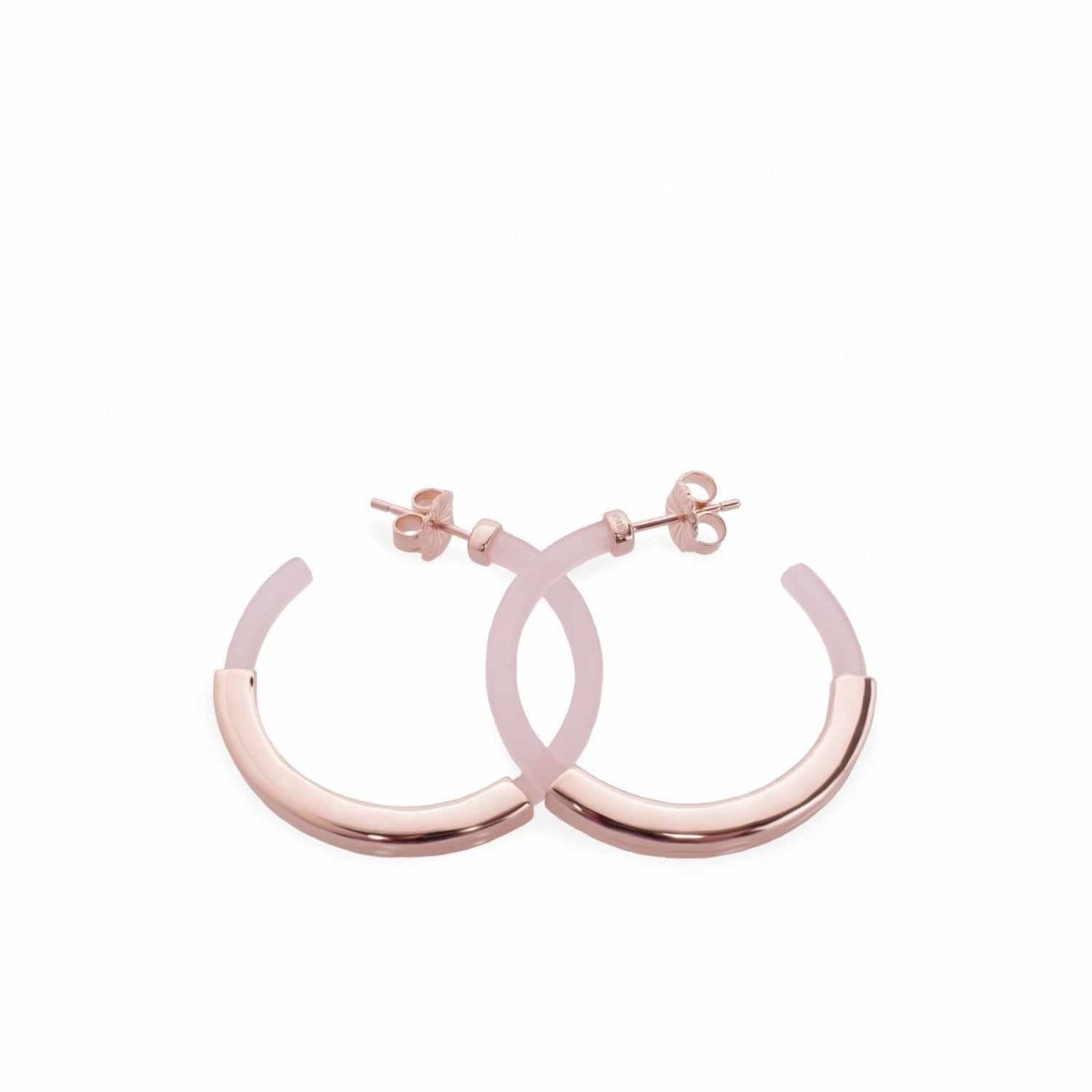 Pendientes aro diseño resina tono rosa y banda de plata lisa central-LINEARGENT