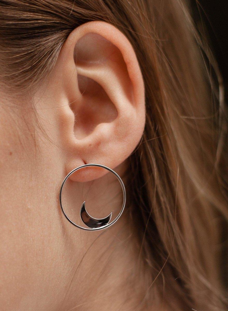 Pendientes aro plata circular frontal con motivo de luna-LINEARGENT