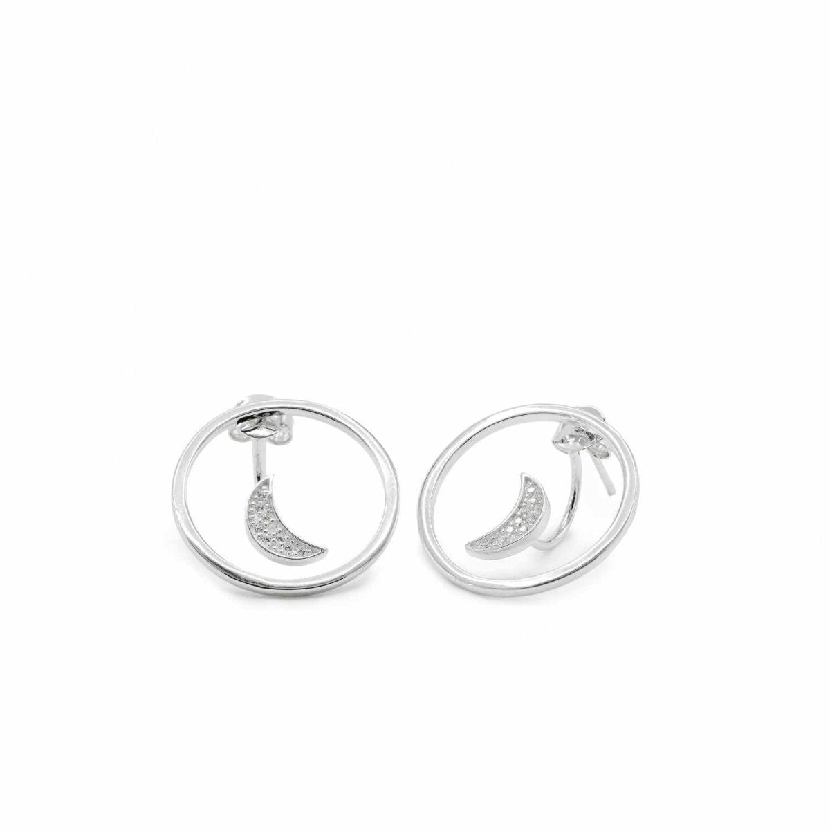 Pendientes aro plata circulares con motivo luna y circonitas-LINEARGENT