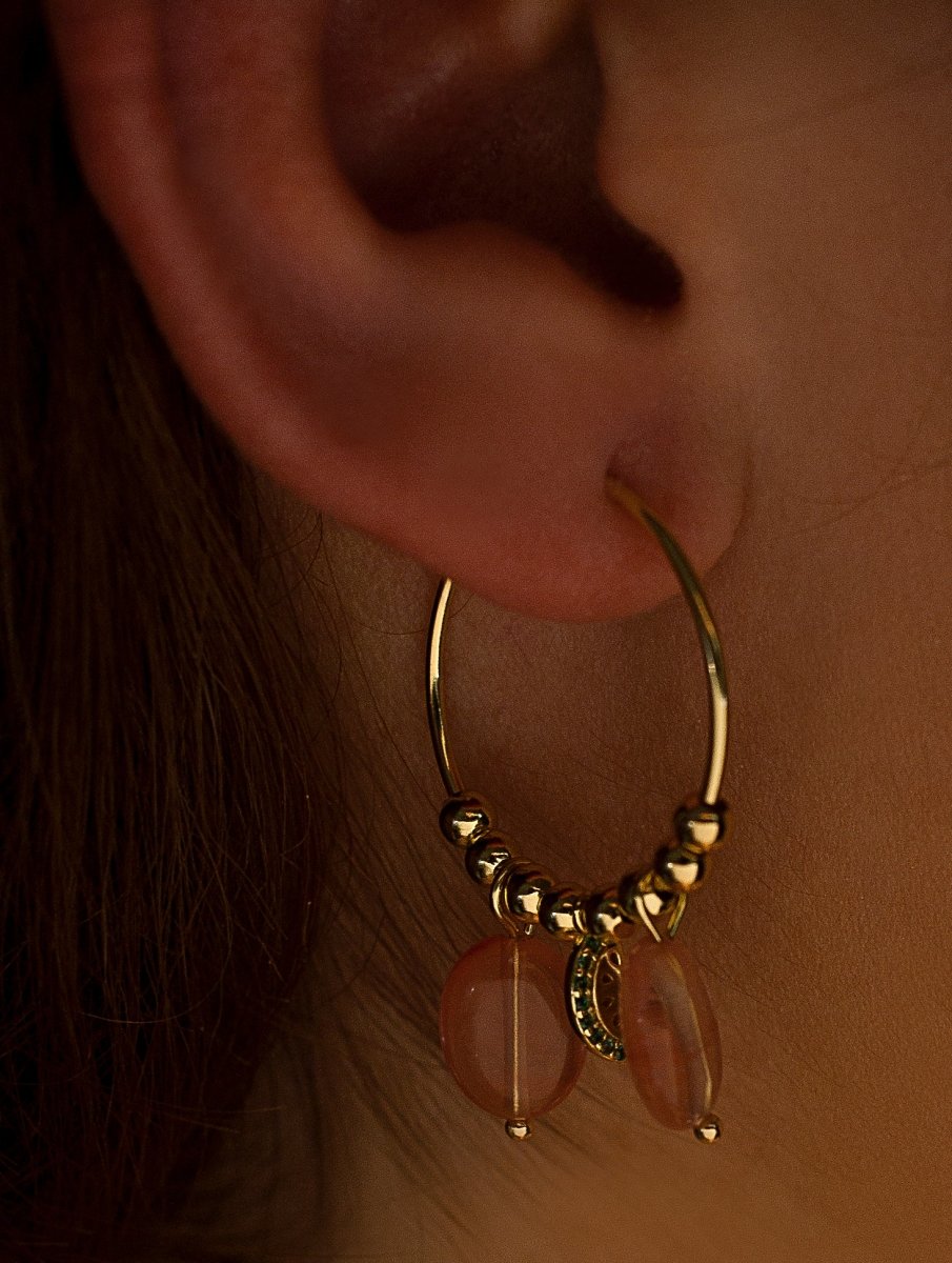 Pendientes aros con colgantes charms de sandía y cuarzo rosa-LINEARGENT