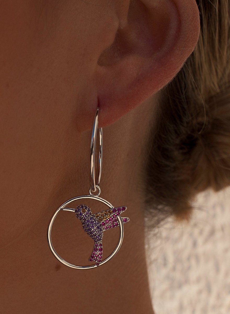 Pendientes aros con colgantes diseño argolla con colibrí-LINEARGENT