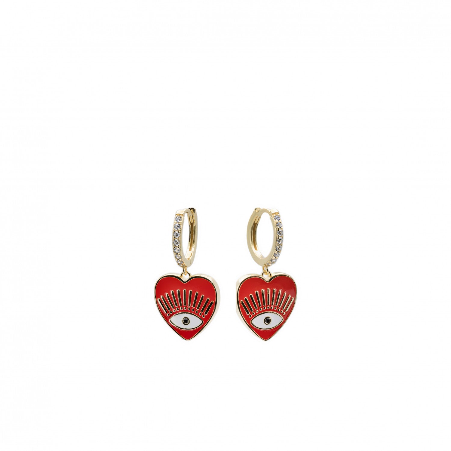 Pendientes aros con colgantes diseño corazón en esmalte rojo-LINEARGENT