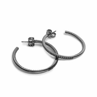 Pendientes aros grandes doble raíl de circonitas negras diseño cuadrado y baño de rutenio