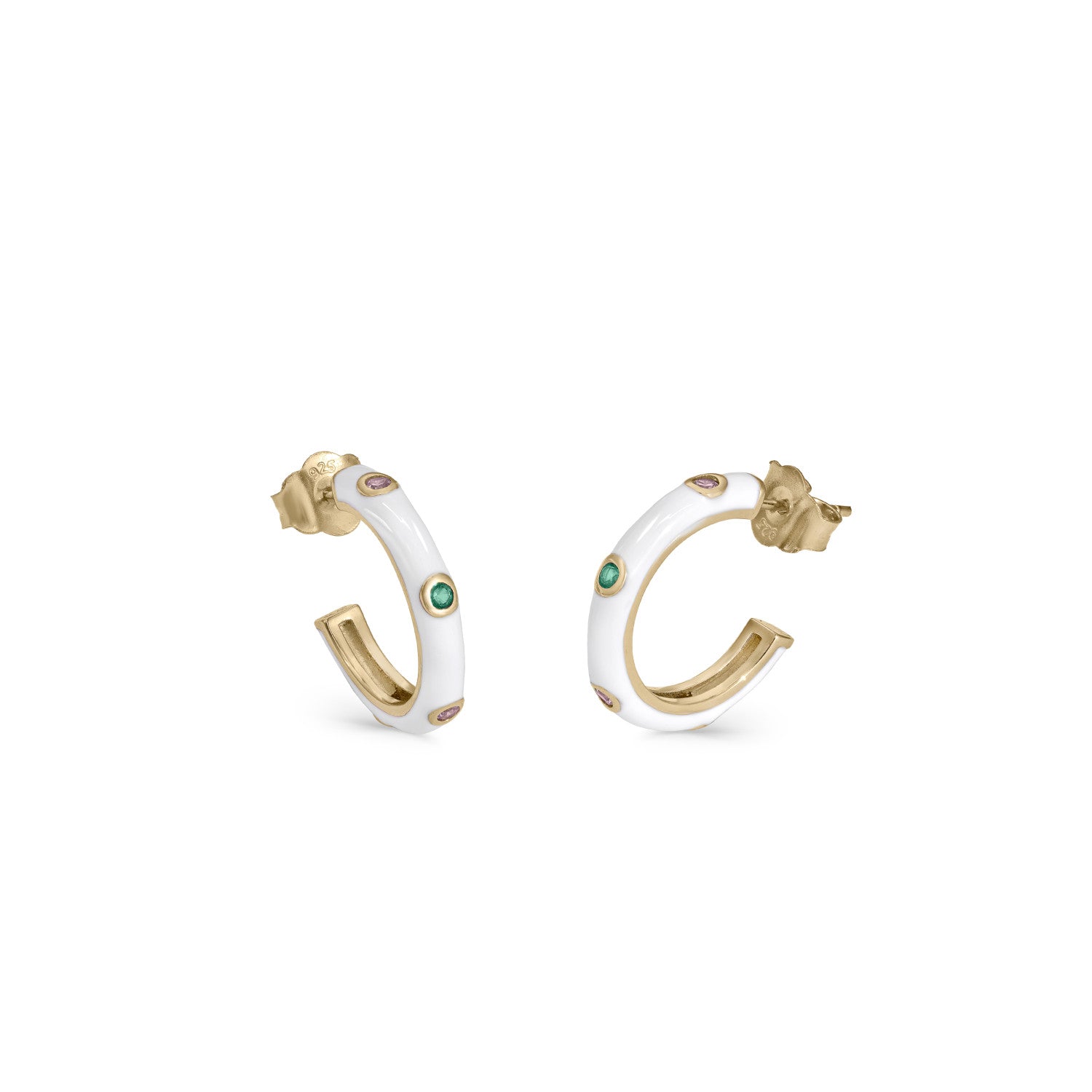 Pendientes aros pequeños de esmalte blanco con circonitas-LINEARGENT