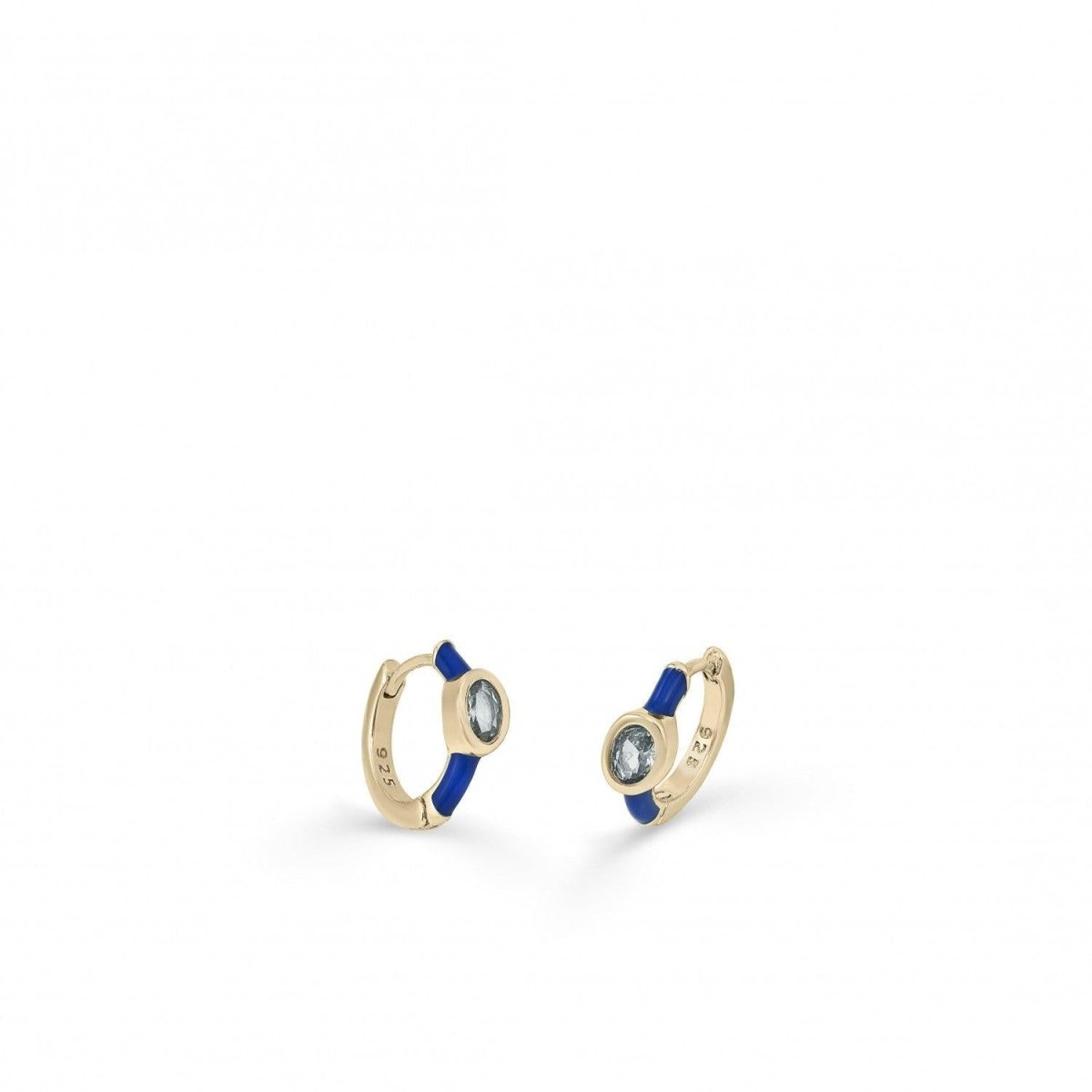 Pendientes aros pequeños diseño cuarzo adamantino central y esmalte azul-LINEARGENT