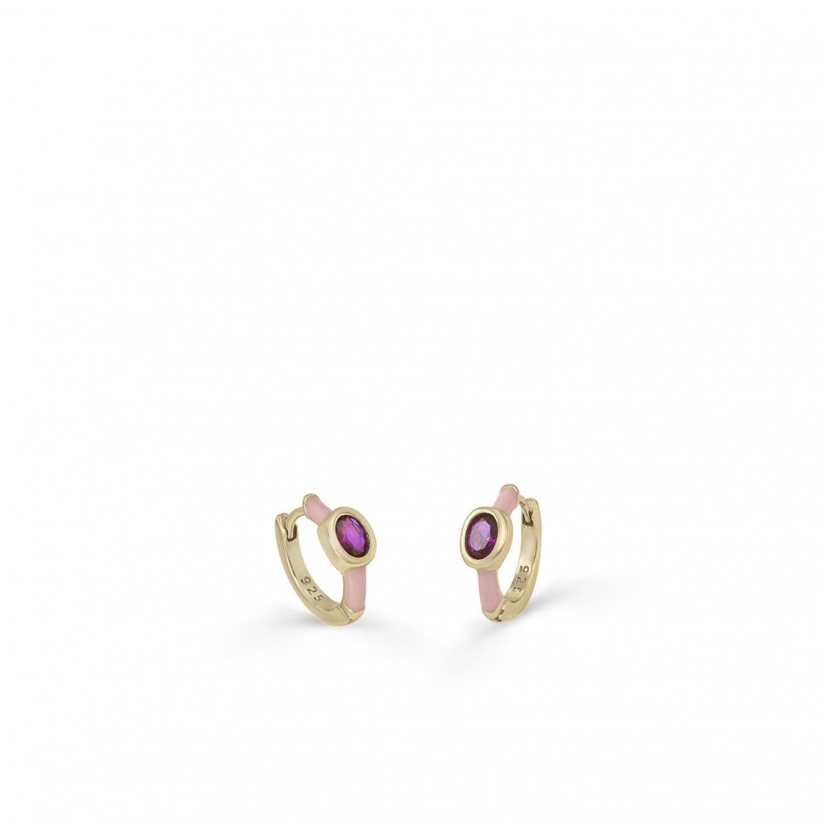 Pendientes aros pequeños diseño cuarzo adamantino central y esmalte rosa-LINEARGENT