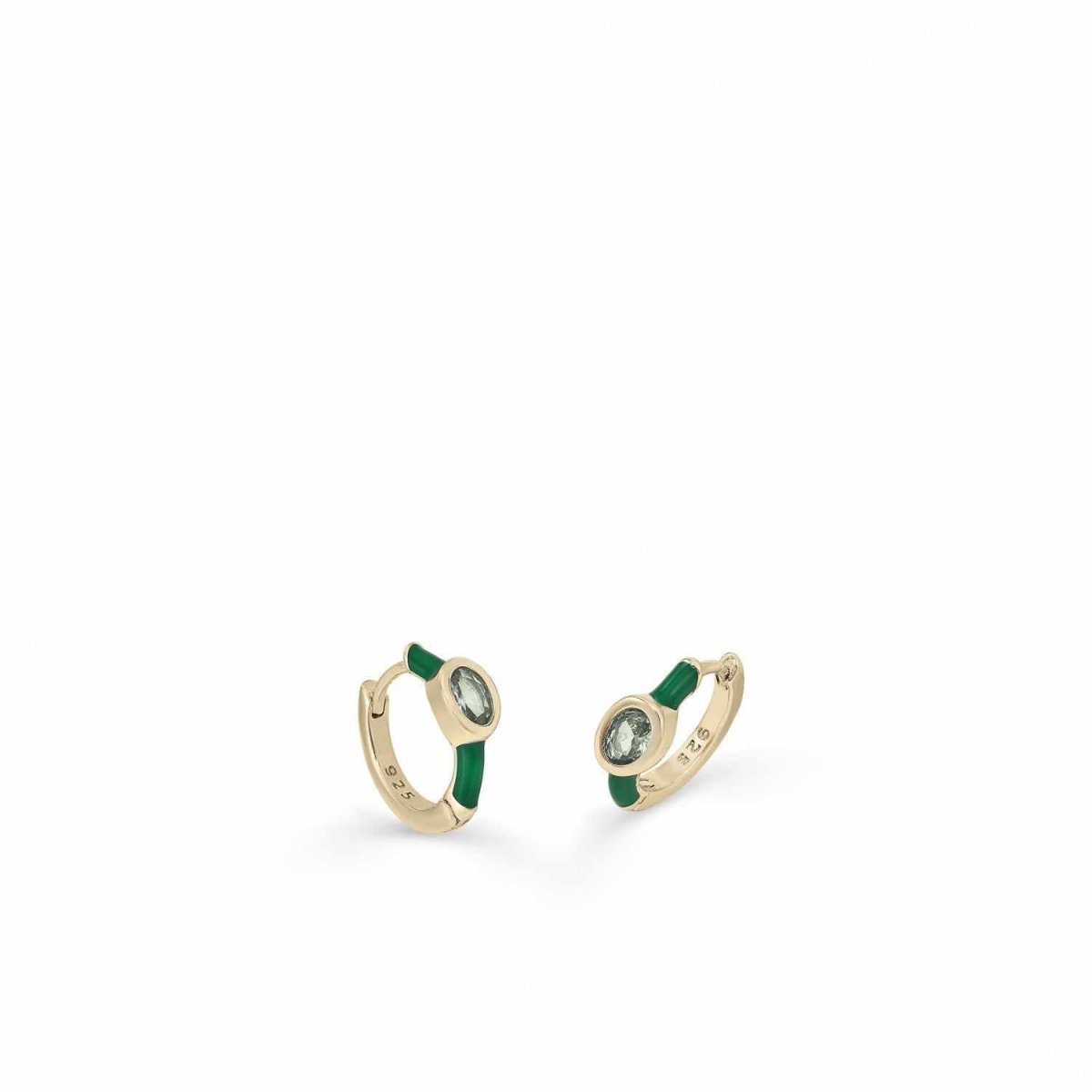 Pendientes aros pequeños diseño cuarzo adamantino central y esmalte verde-LINEARGENT