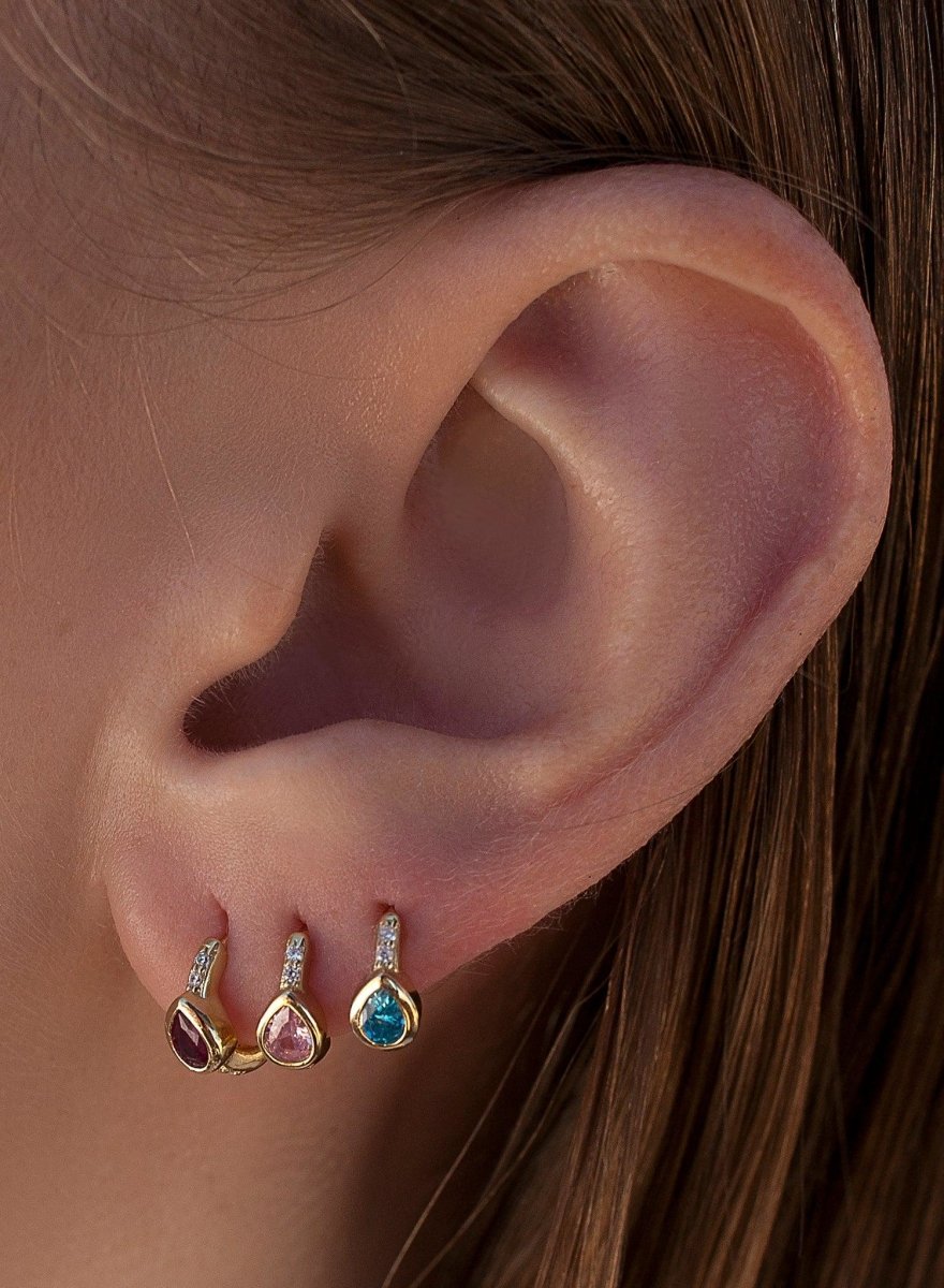 Pendientes aros pequeños diseño lágrima rosada y circonitas-LINEARGENT