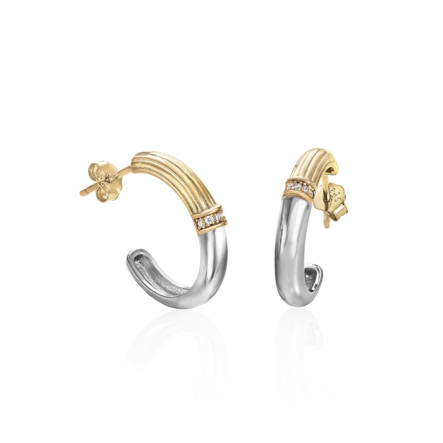 Pendientes bicolor de plata estilo aro con tira de circonitas