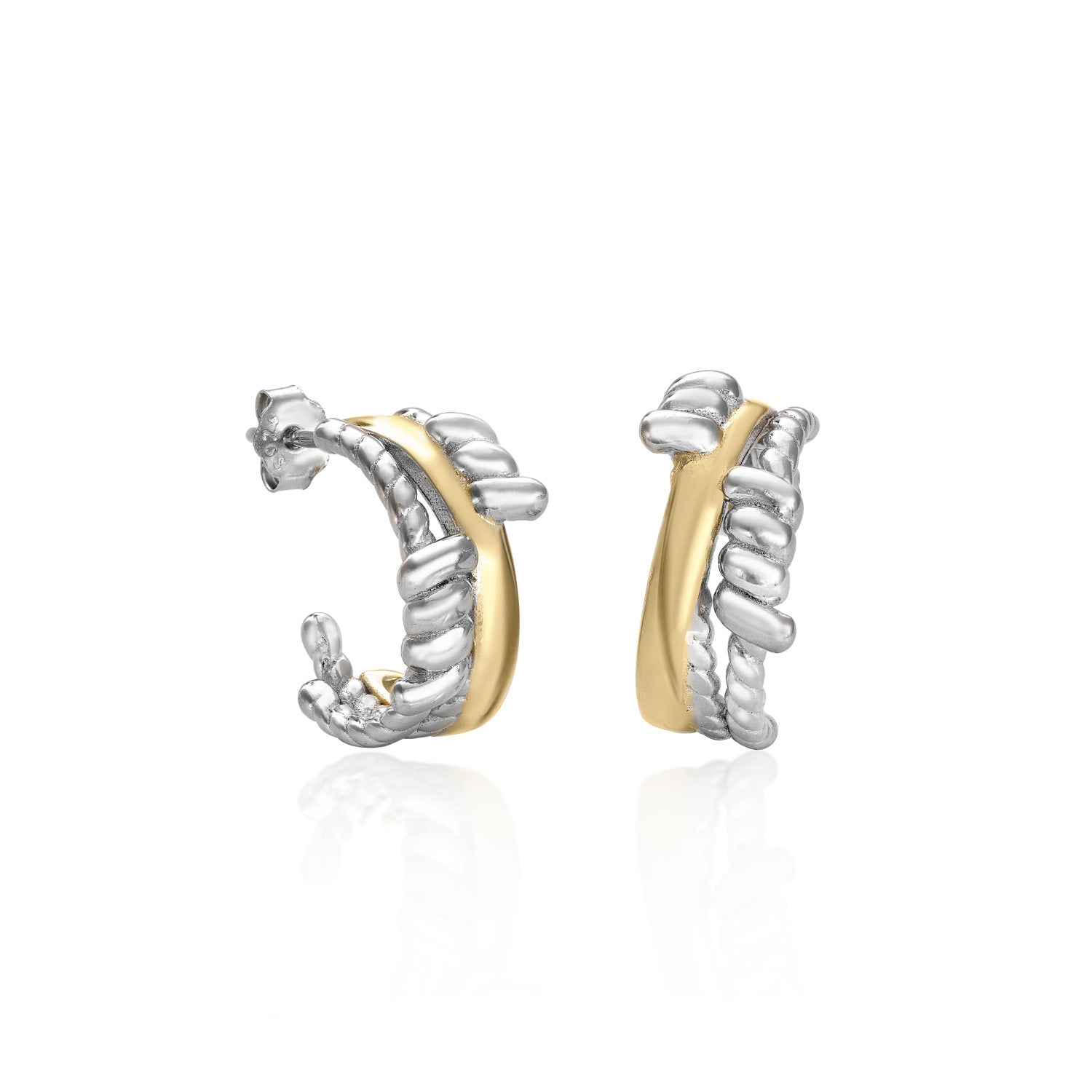 Pendientes bicolor de plata estilo aro diseño cuerda irregular