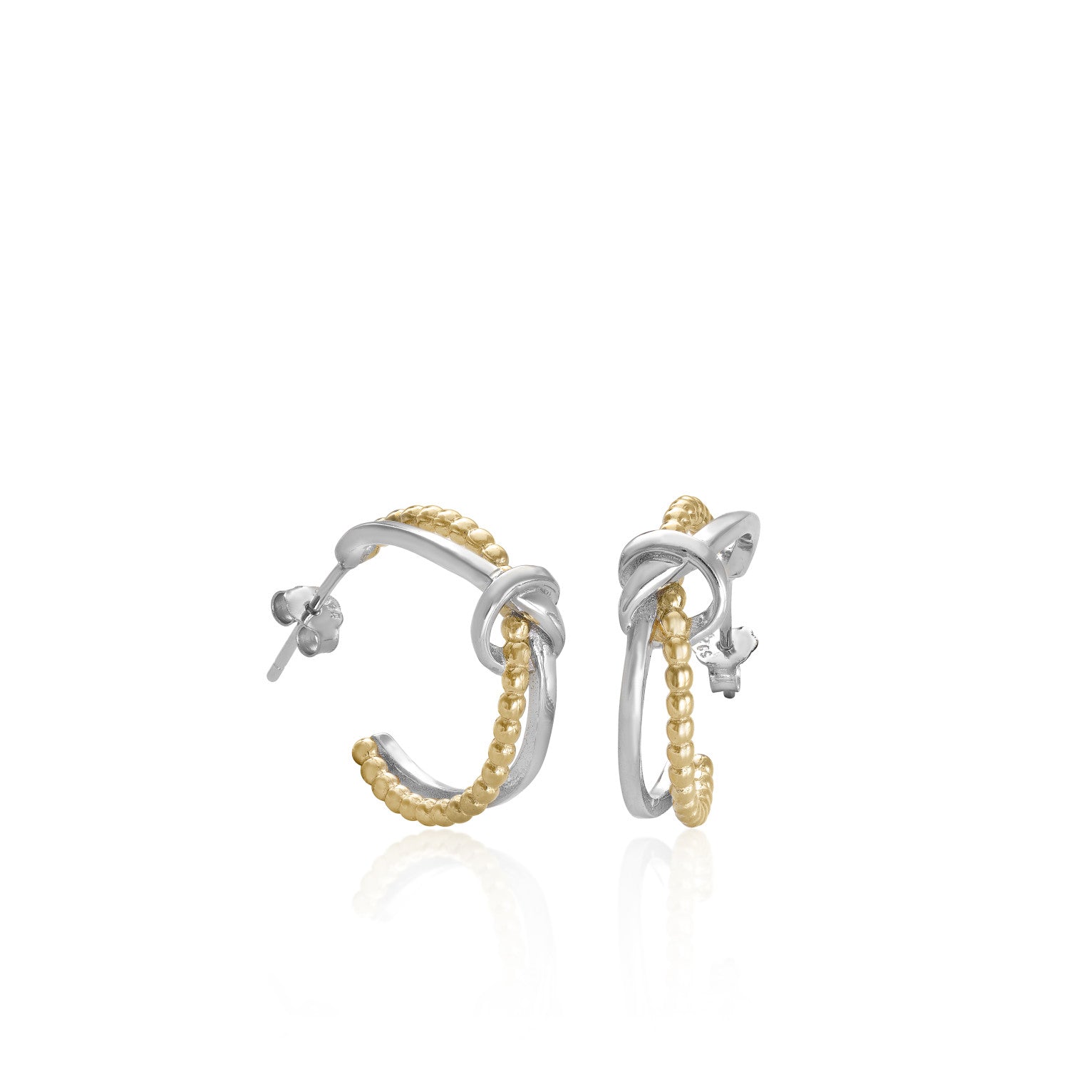 Pendientes bicolor de plata estilo aro diseño doble raíl con nudo