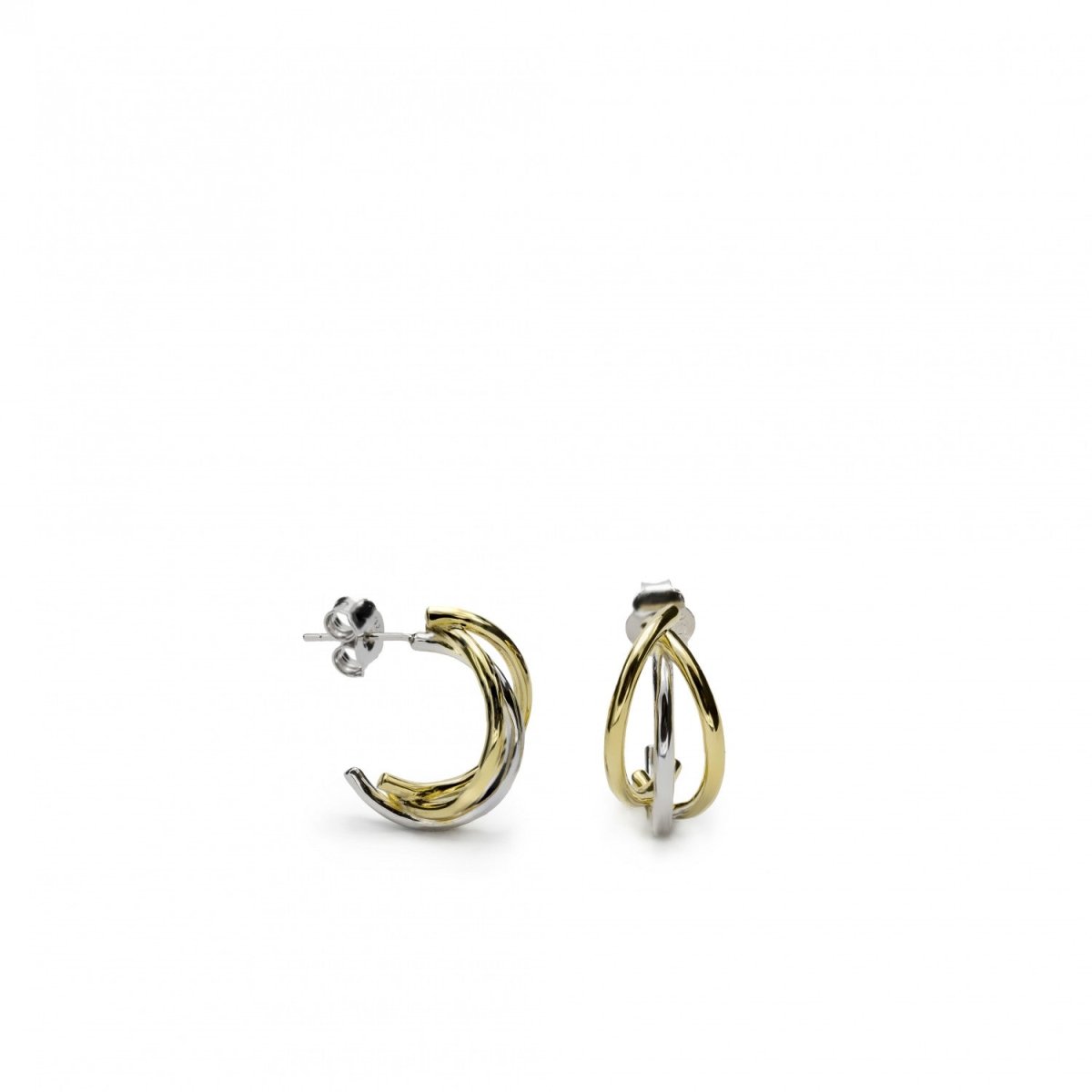 Pendientes bicolor de plata originales diseño ovalado triple raíl y baño en oro-LINEARGENT