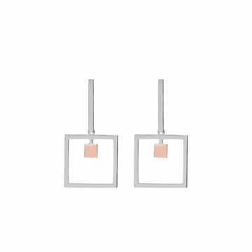 Pendientes bicolor diseño cuadrado plata lisa y oro rosa