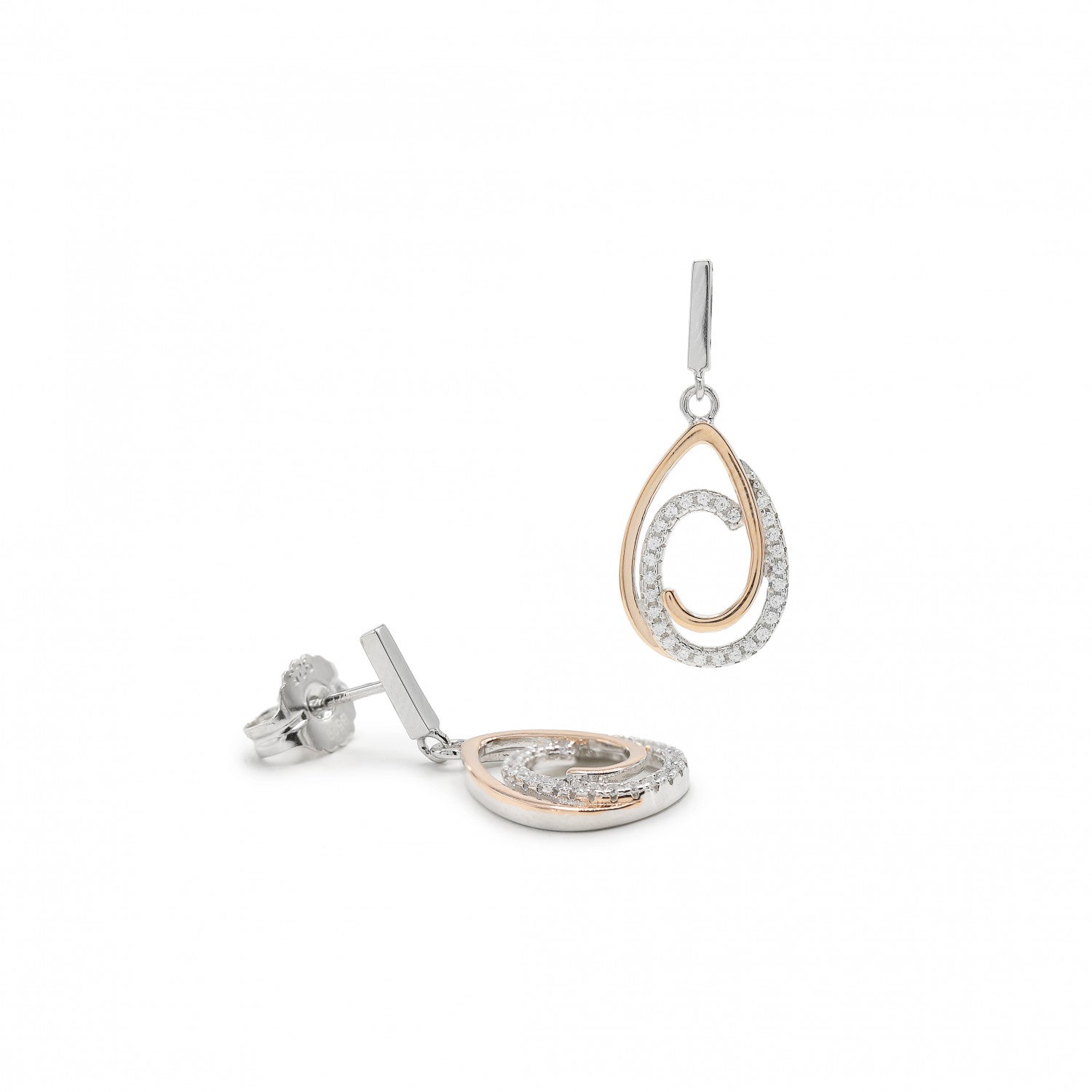 Pendientes bicolor plata y circonitas colgantes con dos aros unidos-LINEARGENT