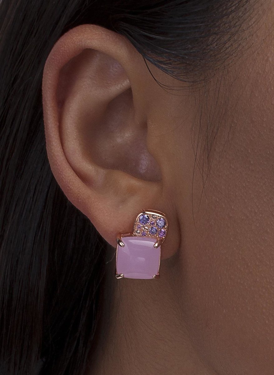 Pendientes botón diseño cuarzo adamantino rosa cuadrado-LINEARGENT