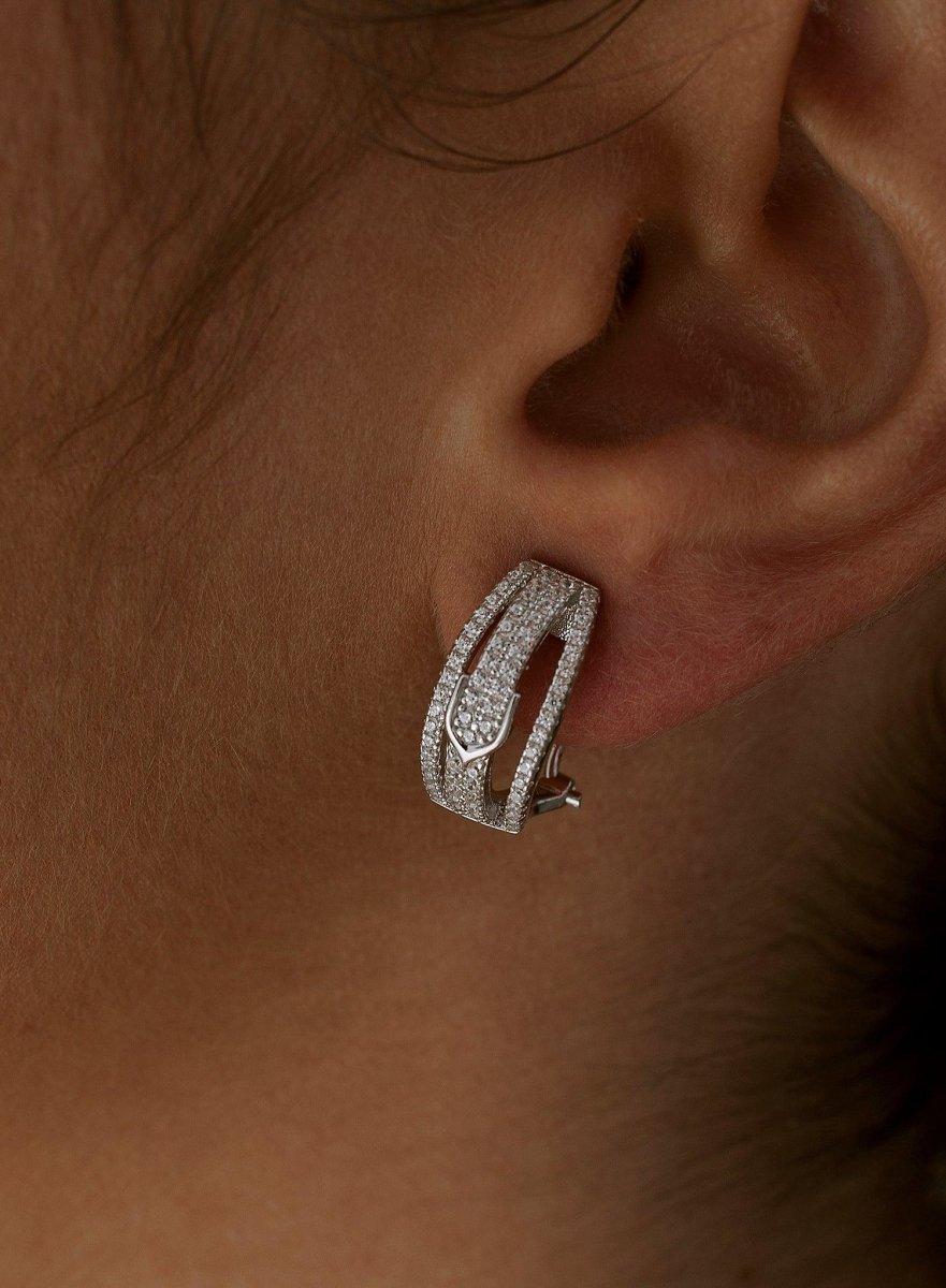 Pendientes cierre omega de plata diseño hebilla tres raíles con circonita-LINEARGENT