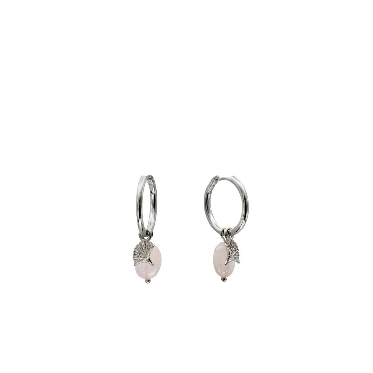Pendientes con colgantes de plata charm de flor abierta y cuarzo rosa-LINEARGENT