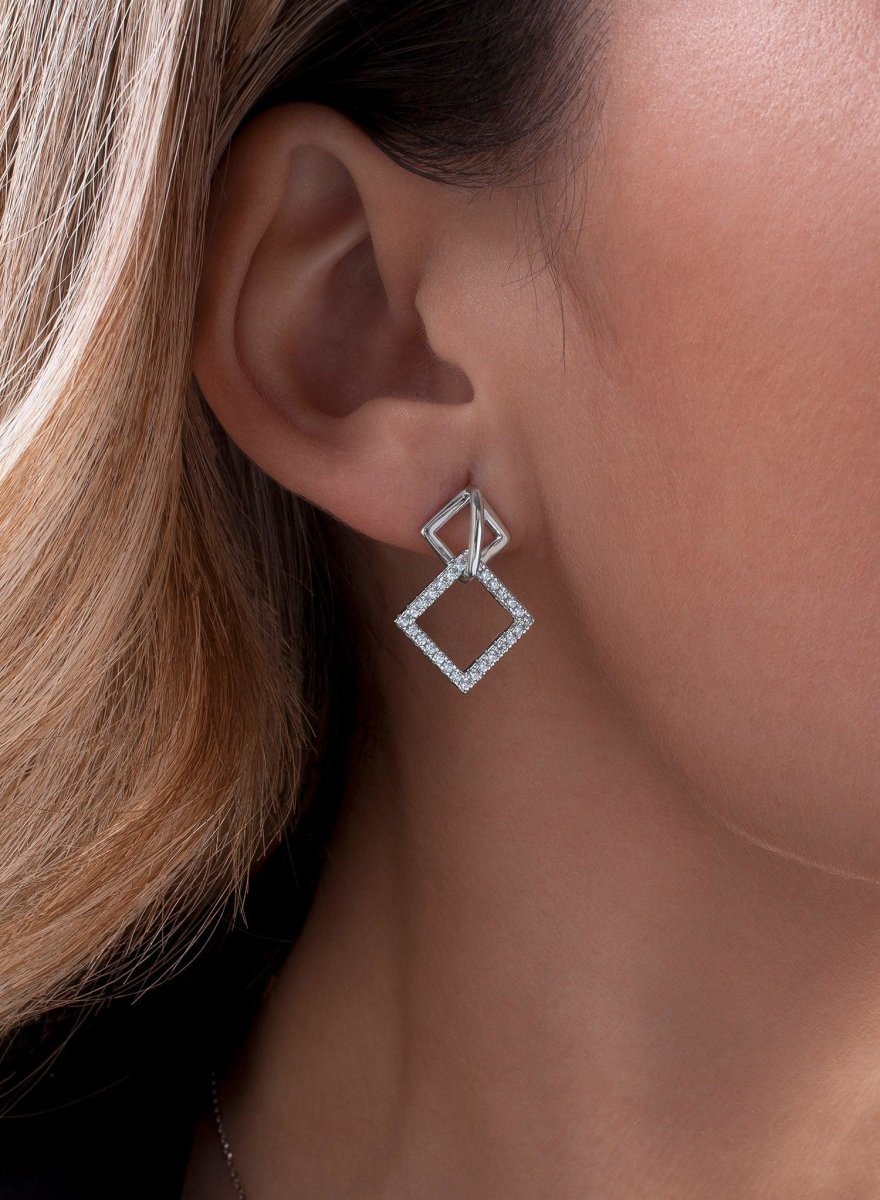 Pendientes con colgantes diseño de doble rombo y circonitas-LINEARGENT