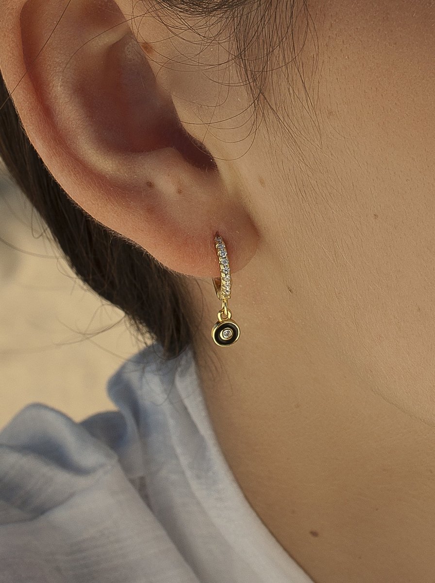 Pendientes con colgantes en plata diseño círculo negro con esmalte-LINEARGENT