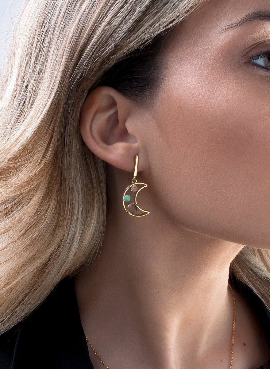 Pendientes de piedra natural con motivo de luna y baño de oro-LINEARGENT