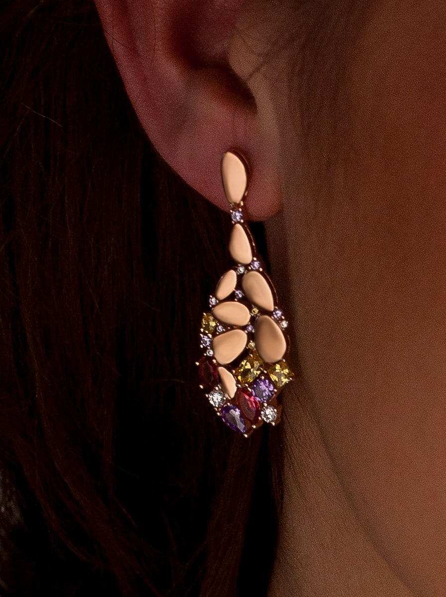 Pendientes de piedras de colores combinados con plata rosé-LINEARGENT
