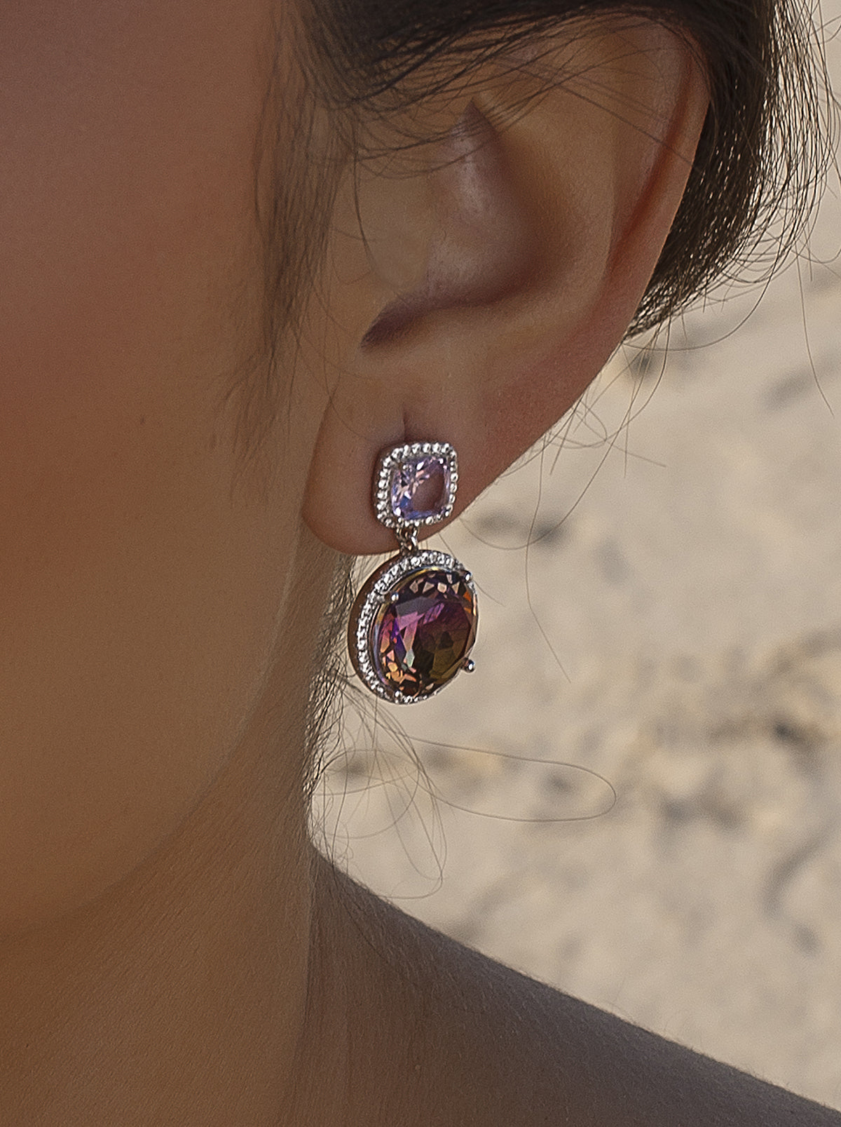 Pendientes de piedras de colores en tonos amatista y amarillo-LINEARGENT