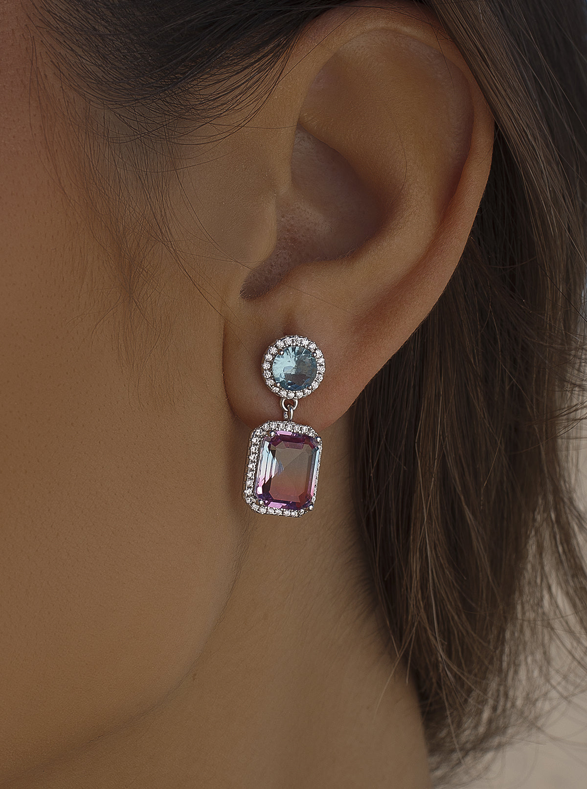 Pendientes de piedras de colores en tonos azul y rosa-LINEARGENT