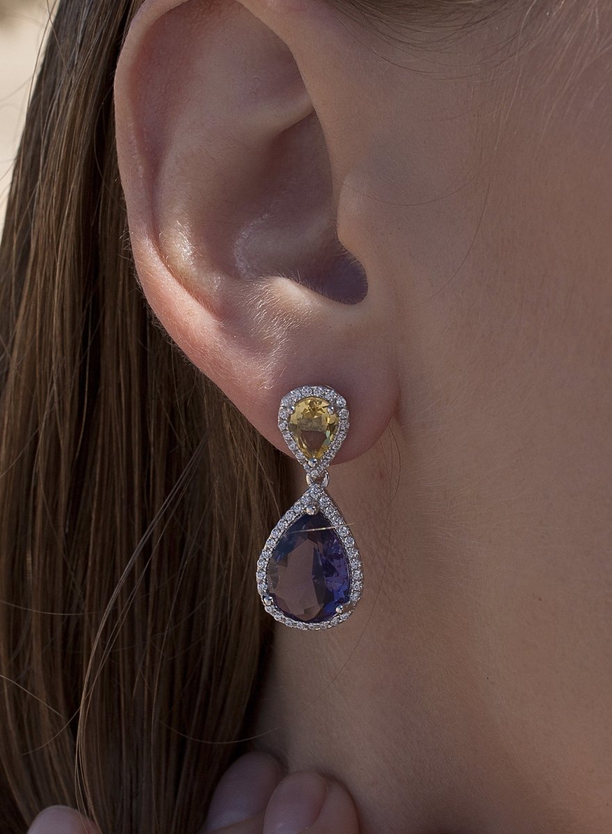 Pendientes de piedras de colores oscuros diseño lágrima con circonitas-LINEARGENT