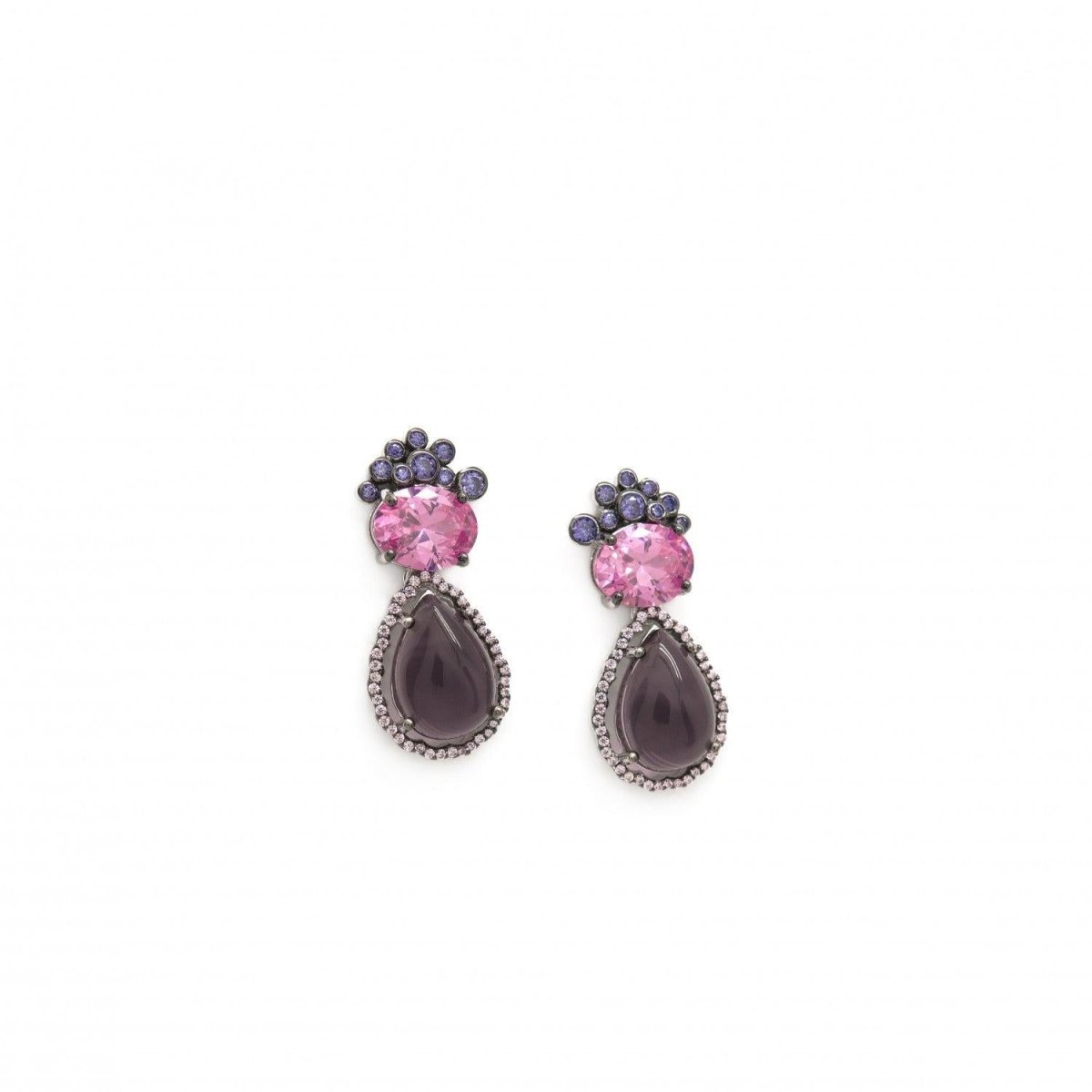 Pendientes de piedras de colores plata morados de diseño abstracto y detalles fúcsia-LINEARGENT
