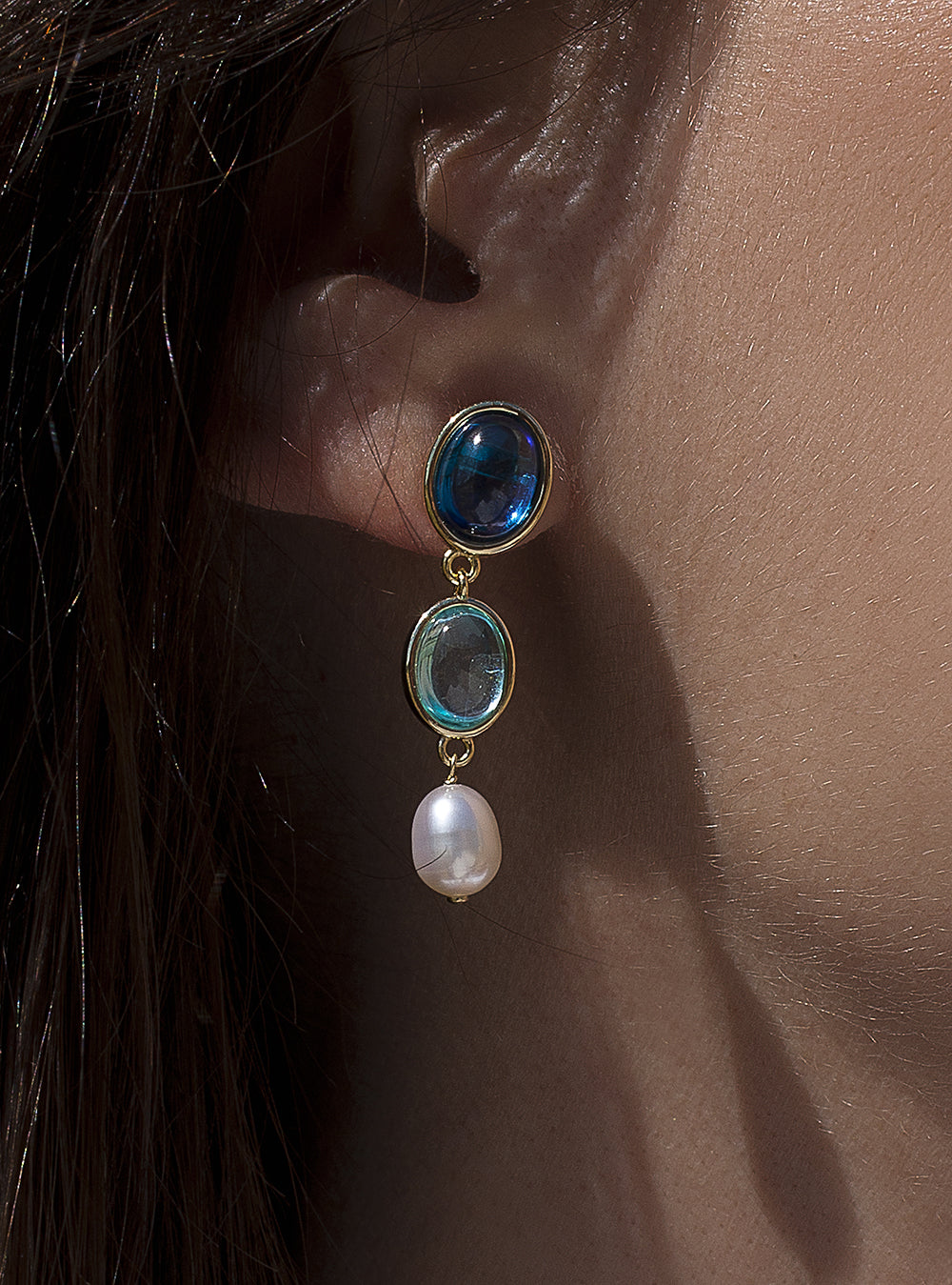 Pendientes de piedras de colores tono zafiro y perla-LINEARGENT