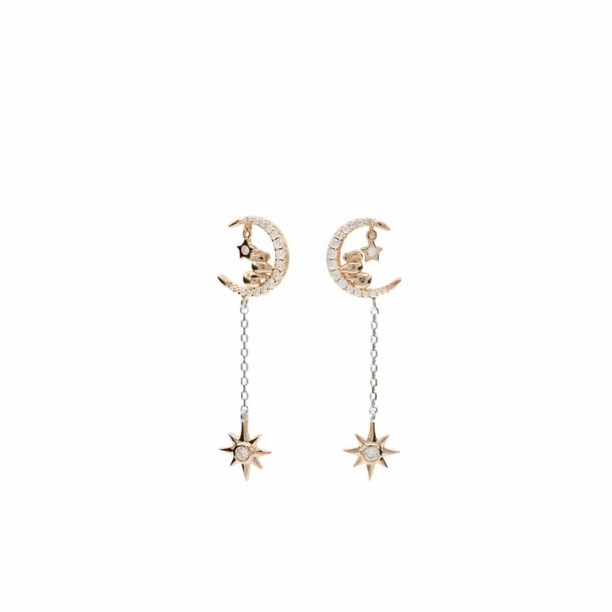 Pendientes largos brillantes compuestos por motivos de luna y estrella-LINEARGENT