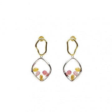 Pendientes largos de plata con piedras de colores doble rombo irregular