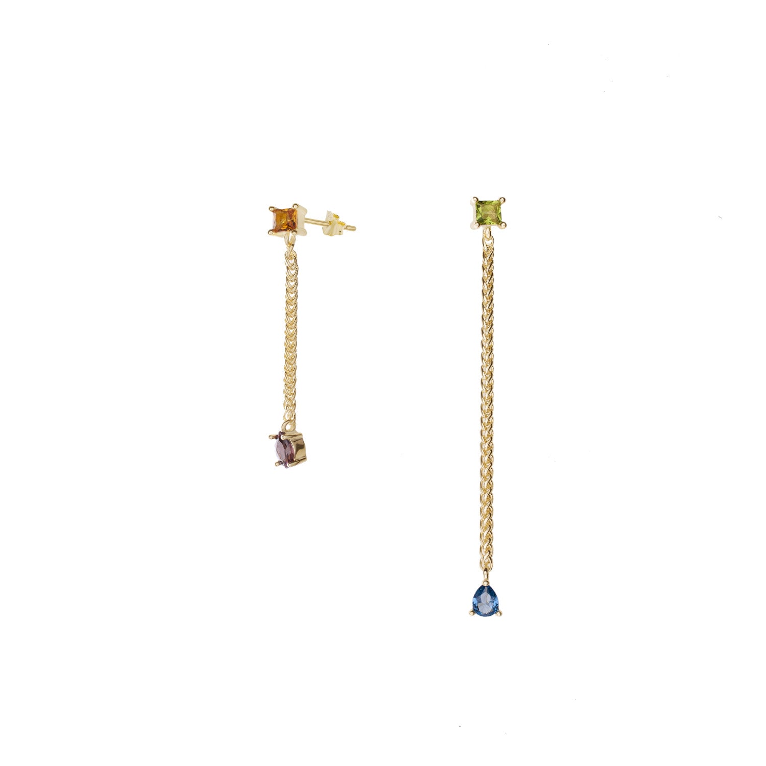 Pendientes largos de plata diseño cadenas con gemas multicolor-LINEARGENT