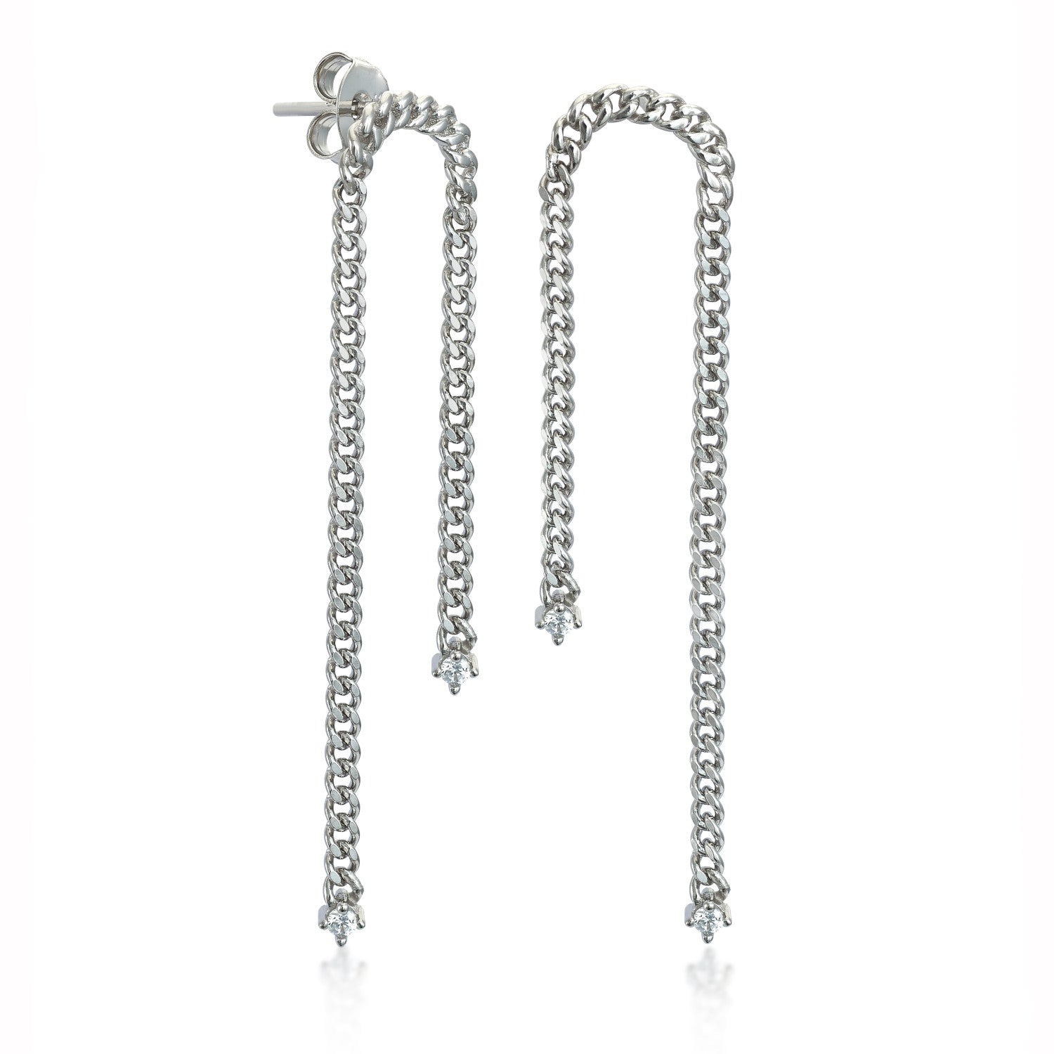 Pendientes largos de plata estilo cadena con detalle circonitas-LINEARGENT