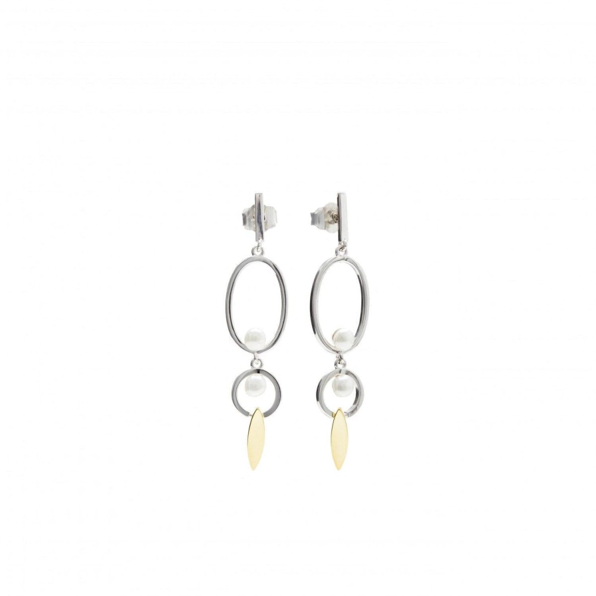 Pendientes largos diseño bicolor círculos ovalados y detalle de perla-LINEARGENT