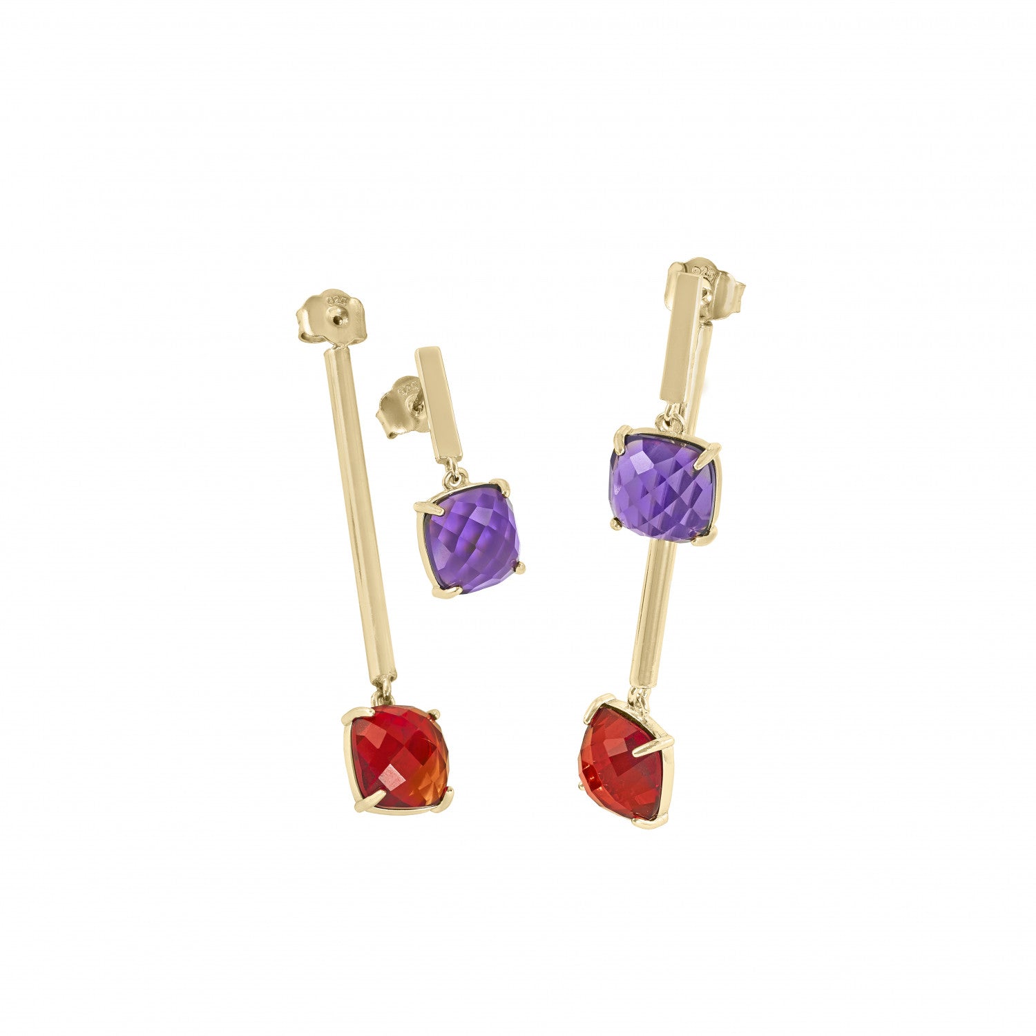 Pendientes largos estilo palillo con dos gemas bañados en oro-LINEARGENT