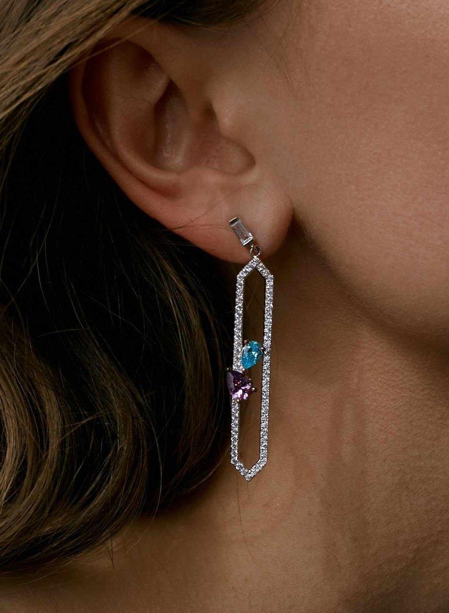 Pendientes largos finos de plata con doble gema y circonita-LINEARGENT