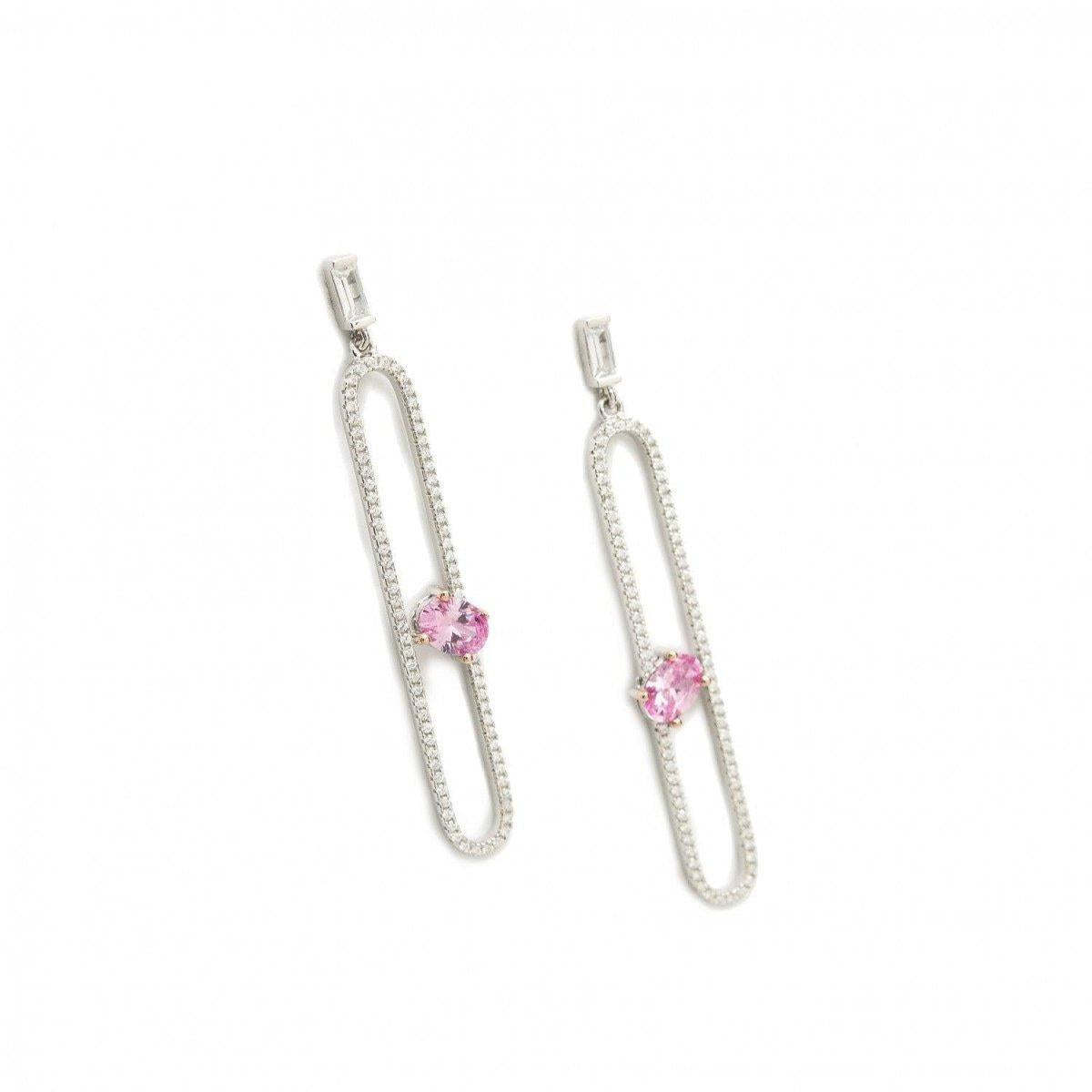 Pendientes largos finos de plata diseño oval con gemas-LINEARGENT