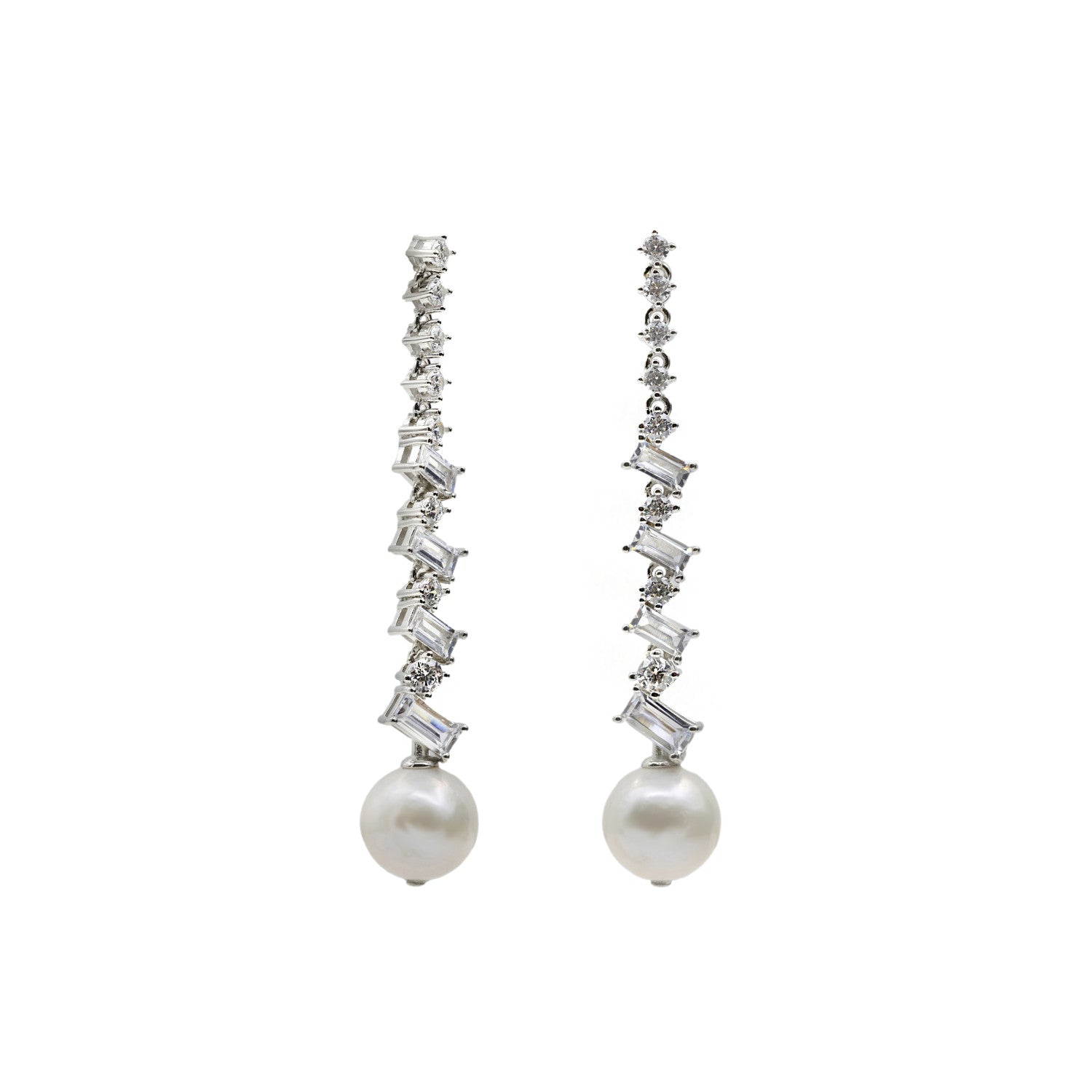 Pendientes novia largos con circonitas rectangulares y acabados en perla-LINEARGENT
