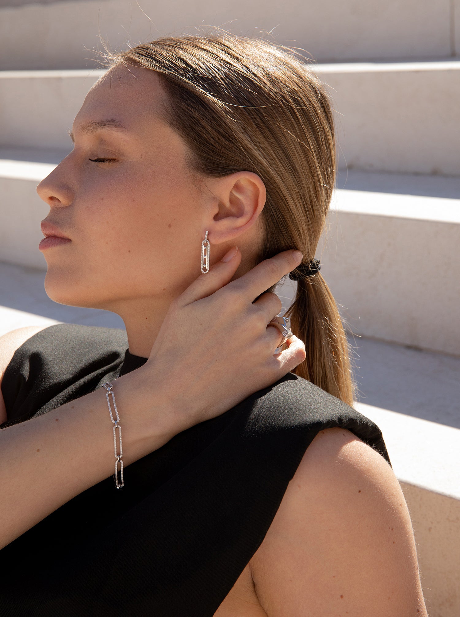 Pendientes originales diseño rectangular de triple circonita-LINEARGENT