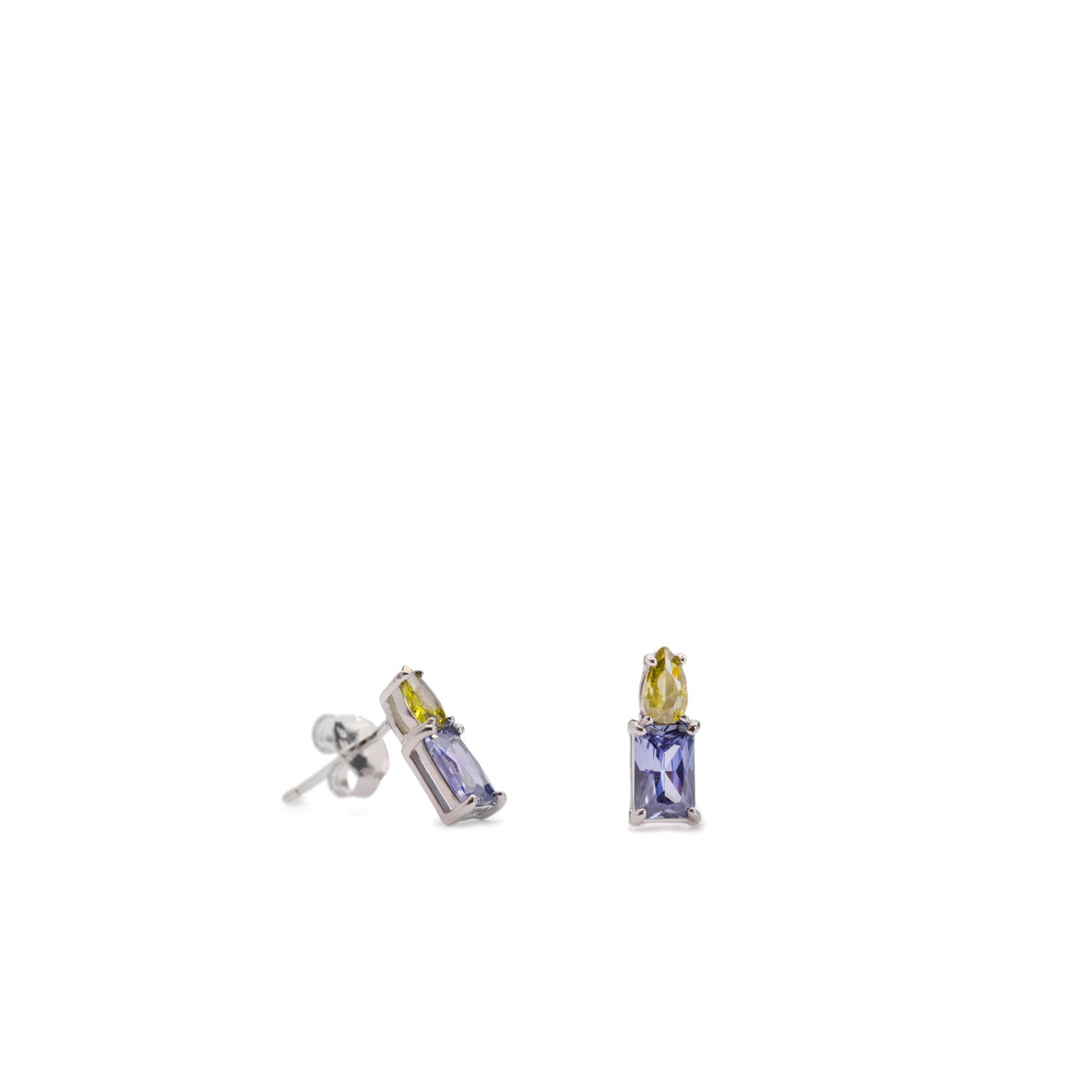 Pendientes pequeños de plata con gemas tono lavanda y amarillo-LINEARGENT