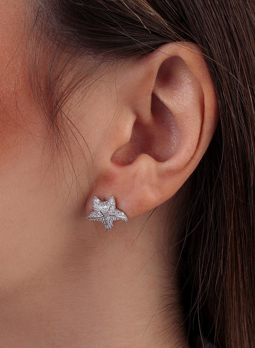 Pendientes pequeños de plata diseño estrella de mar con circonitas-LINEARGENT