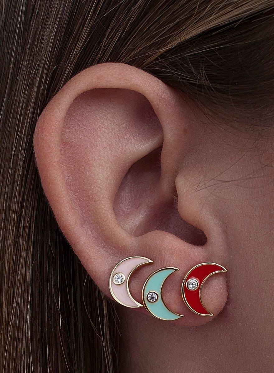 Pendientes pequeños en plata diseño luna esmalte rojo-LINEARGENT